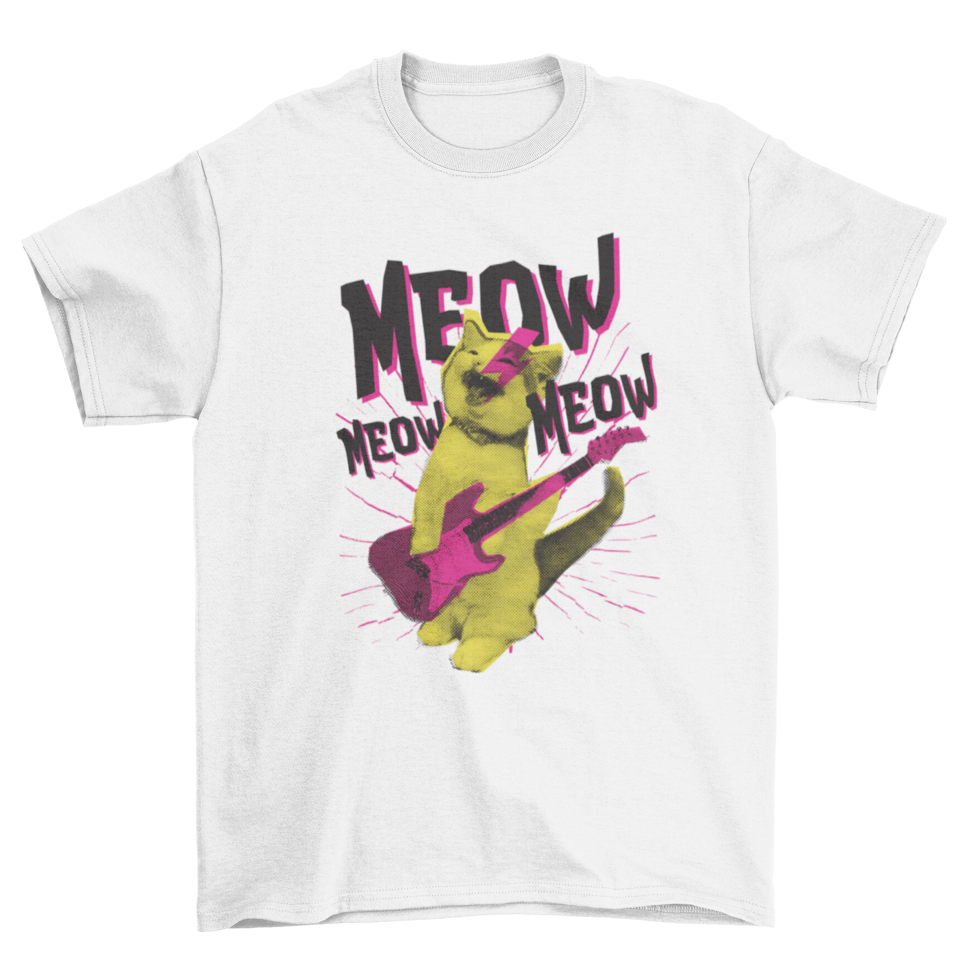 A stylish Metal Cat T-Shirt featuring a cat playing guitar with the word MEOW in the background.