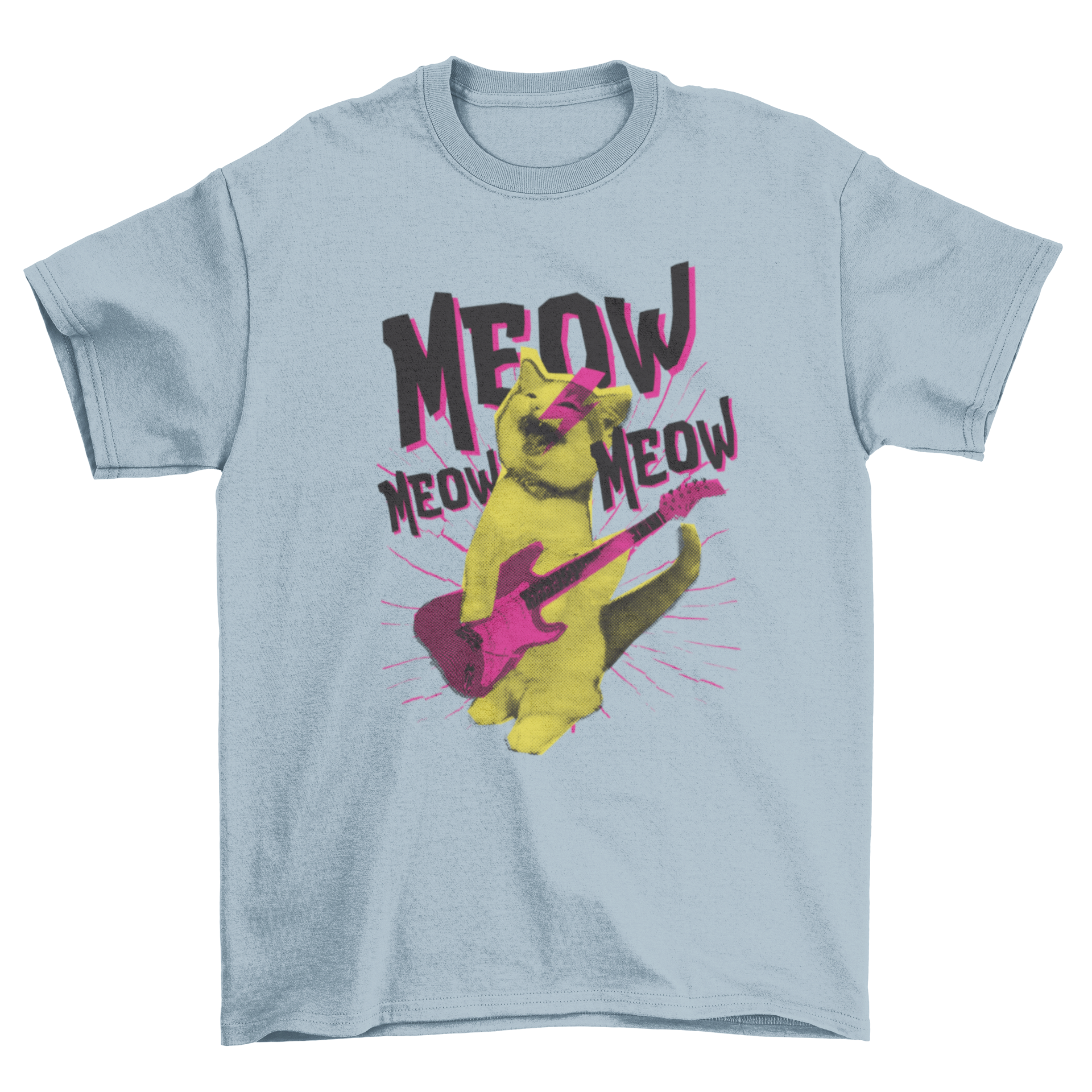 A stylish Metal Cat T-Shirt featuring a cat playing guitar with the word MEOW in the background.