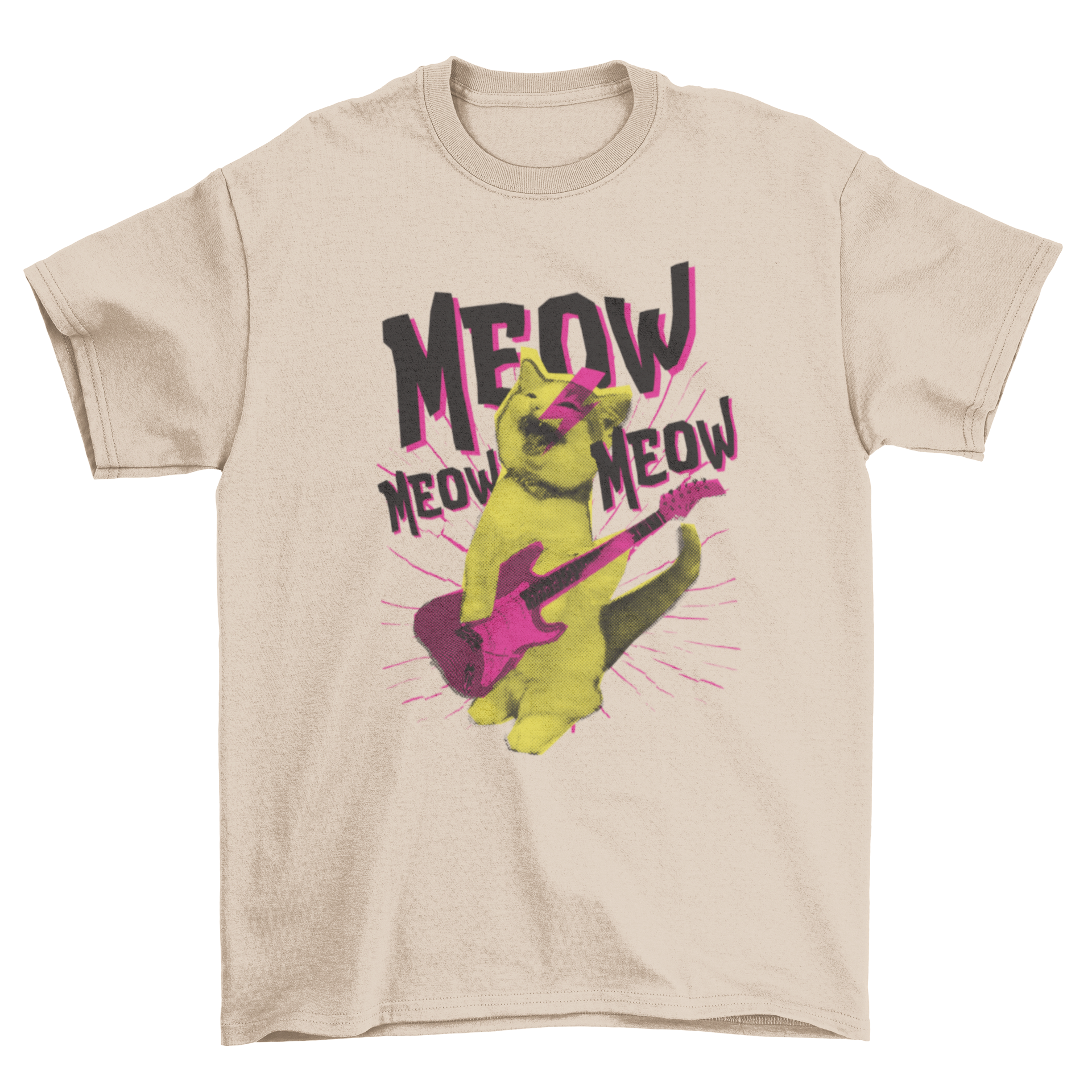 A stylish Metal Cat T-Shirt featuring a cat playing guitar with the word MEOW in the background.