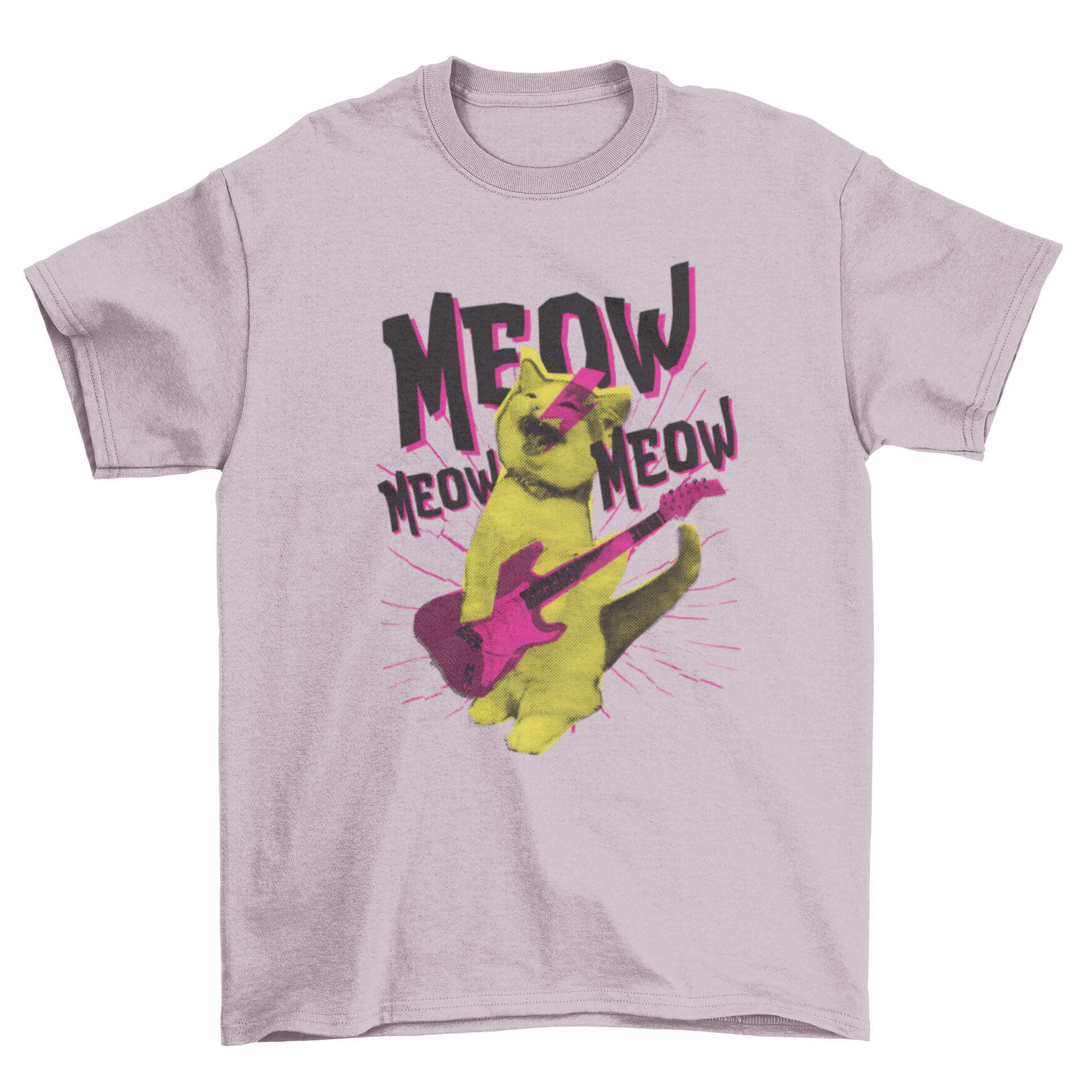 A stylish Metal Cat T-Shirt featuring a cat playing guitar with the word MEOW in the background.