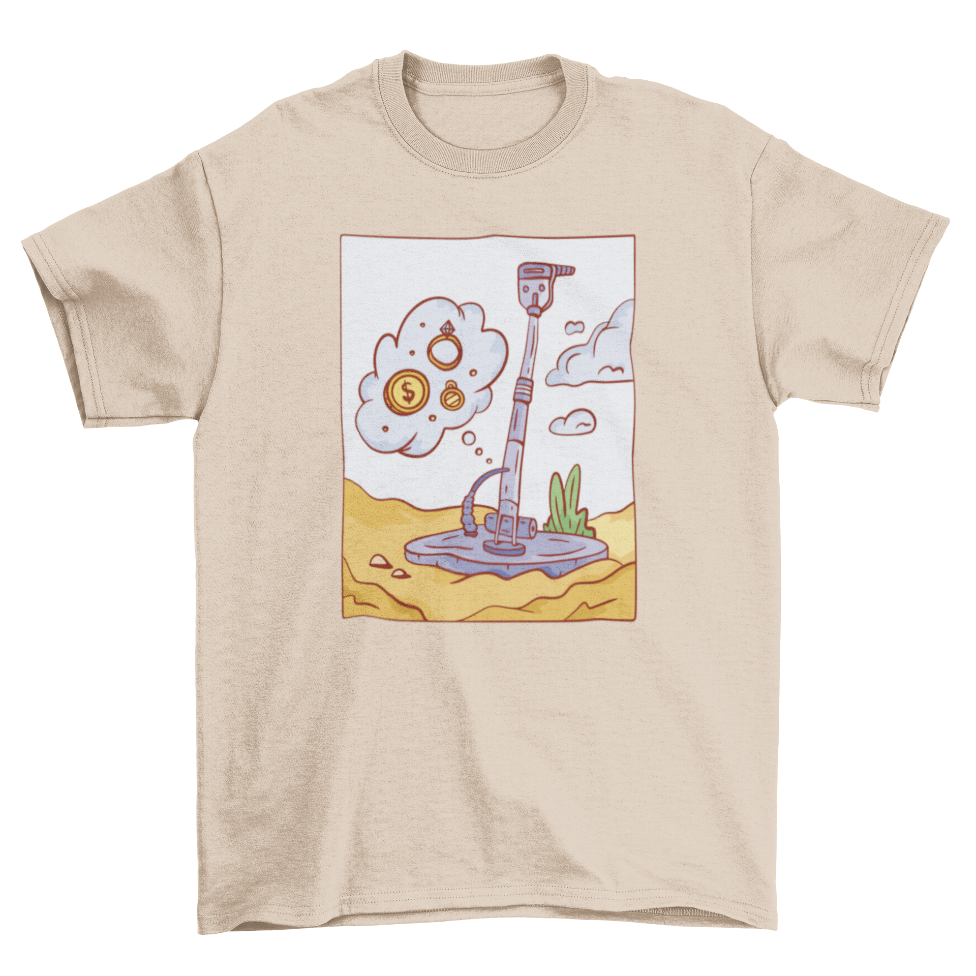 A stylish t-shirt featuring a metal detector machine design with a ring and money, perfect for treasure hunting enthusiasts.