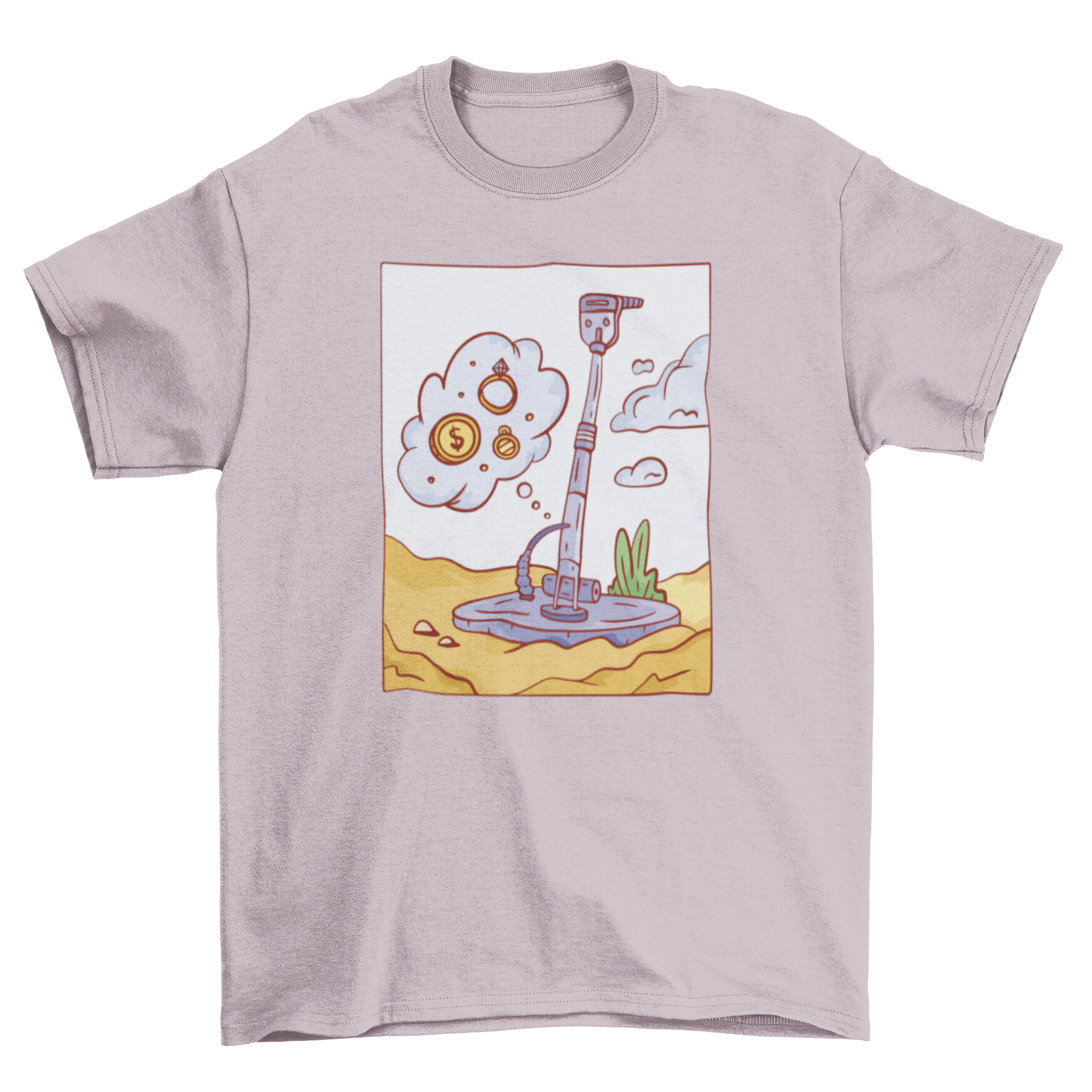 A stylish t-shirt featuring a metal detector machine design with a ring and money, perfect for treasure hunting enthusiasts.