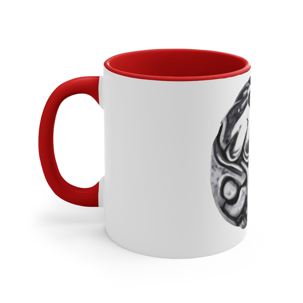 A stylish 11oz Metal Piece Accent Coffee Mug with a white exterior, colored interior, and C-handle, showcasing a vibrant two-tone design.