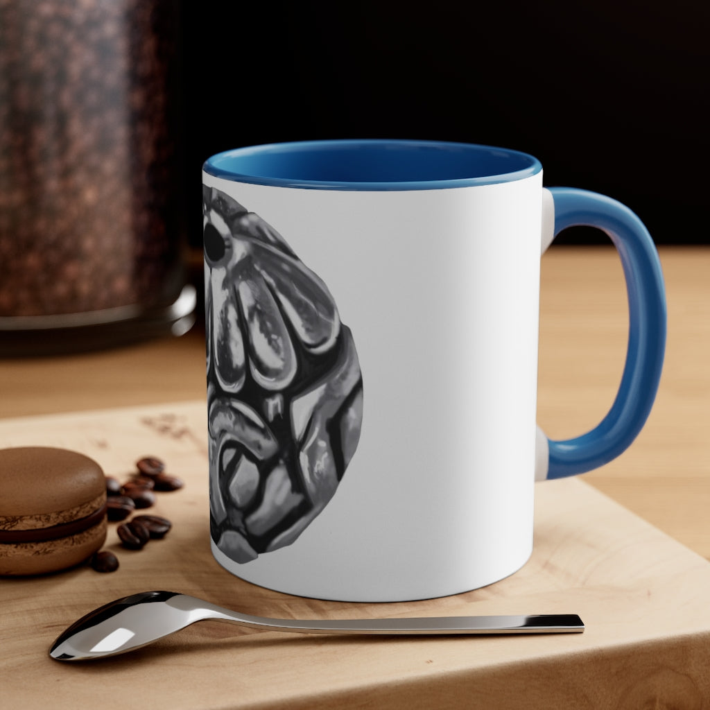 A stylish 11oz Metal Piece Accent Coffee Mug with a white exterior, colored interior, and C-handle, showcasing a vibrant two-tone design.