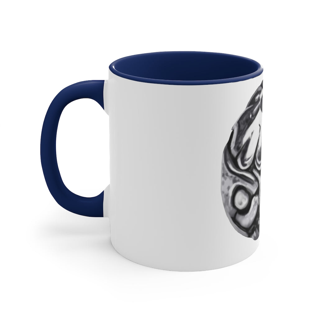 A stylish 11oz Metal Piece Accent Coffee Mug with a white exterior, colored interior, and C-handle, showcasing a vibrant two-tone design.