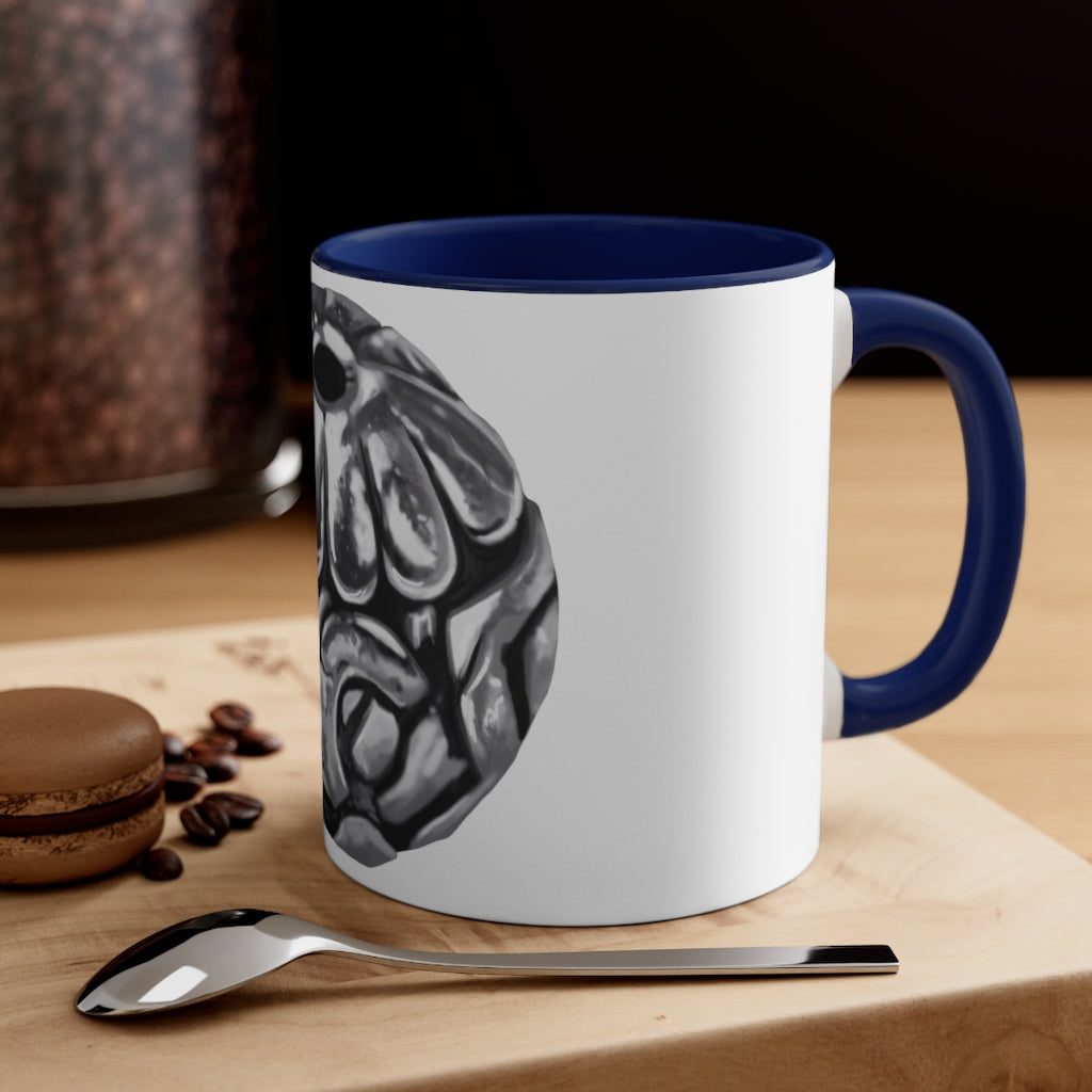 A stylish 11oz Metal Piece Accent Coffee Mug with a white exterior, colored interior, and C-handle, showcasing a vibrant two-tone design.