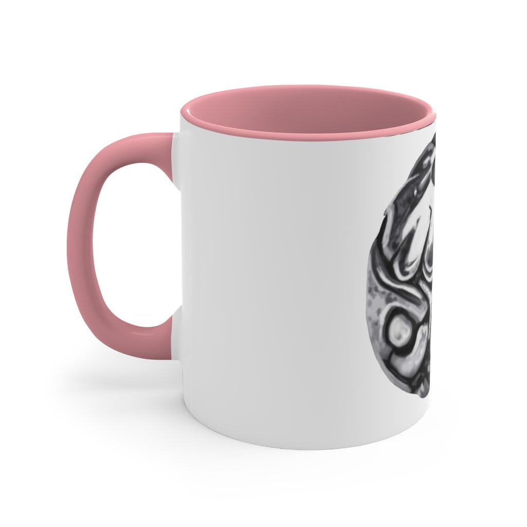 A stylish 11oz Metal Piece Accent Coffee Mug with a white exterior, colored interior, and C-handle, showcasing a vibrant two-tone design.