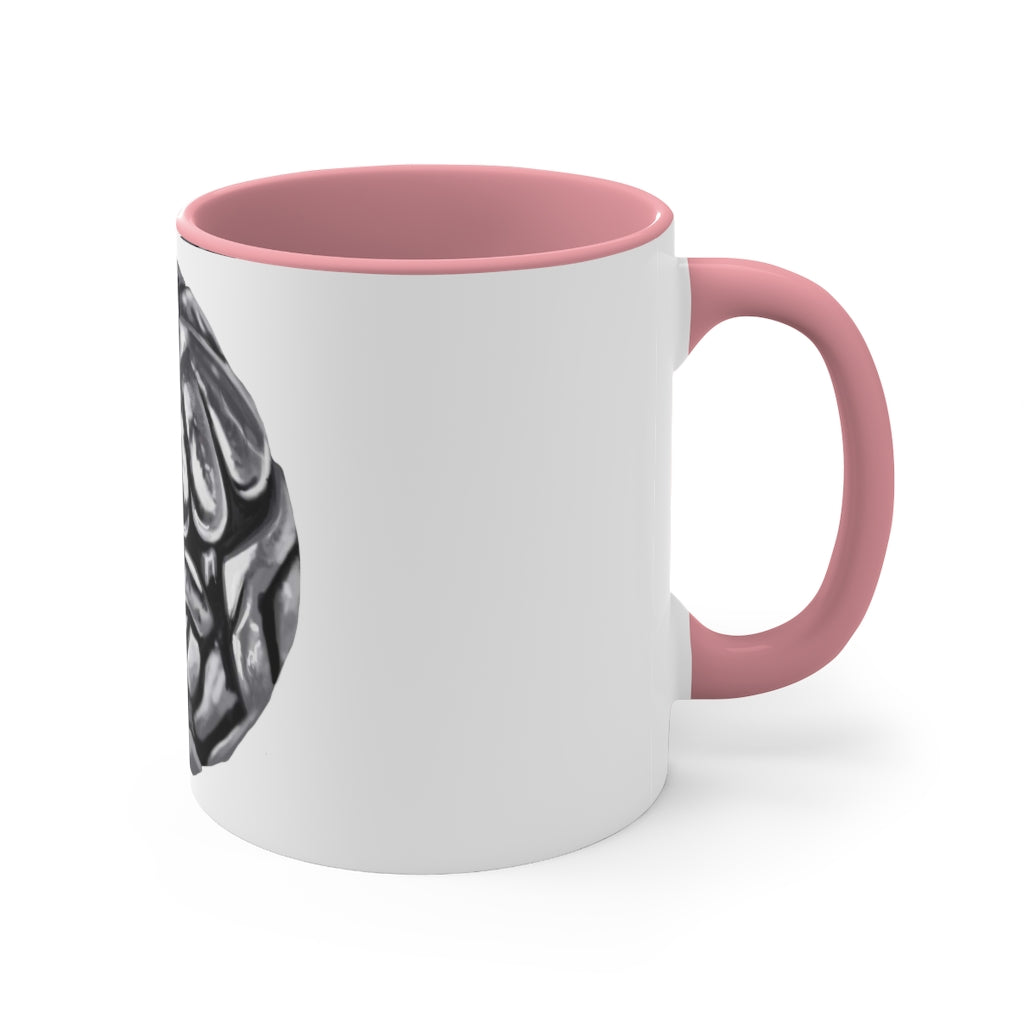 A stylish 11oz Metal Piece Accent Coffee Mug with a white exterior, colored interior, and C-handle, showcasing a vibrant two-tone design.