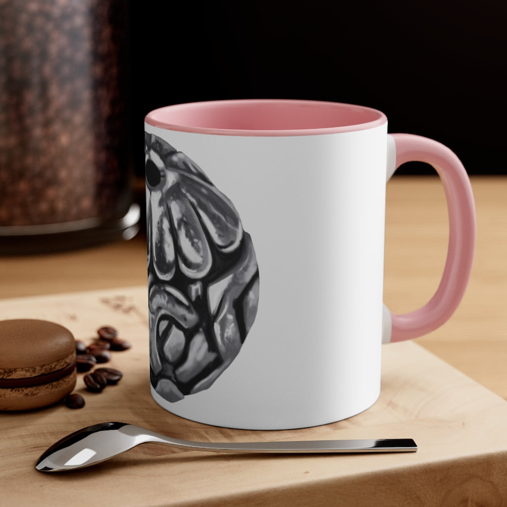 A stylish 11oz Metal Piece Accent Coffee Mug with a white exterior, colored interior, and C-handle, showcasing a vibrant two-tone design.