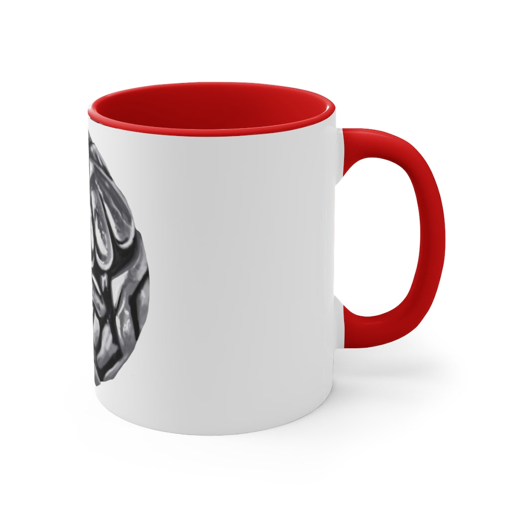 A stylish 11oz Metal Piece Accent Coffee Mug with a white exterior, colored interior, and C-handle, showcasing a vibrant two-tone design.