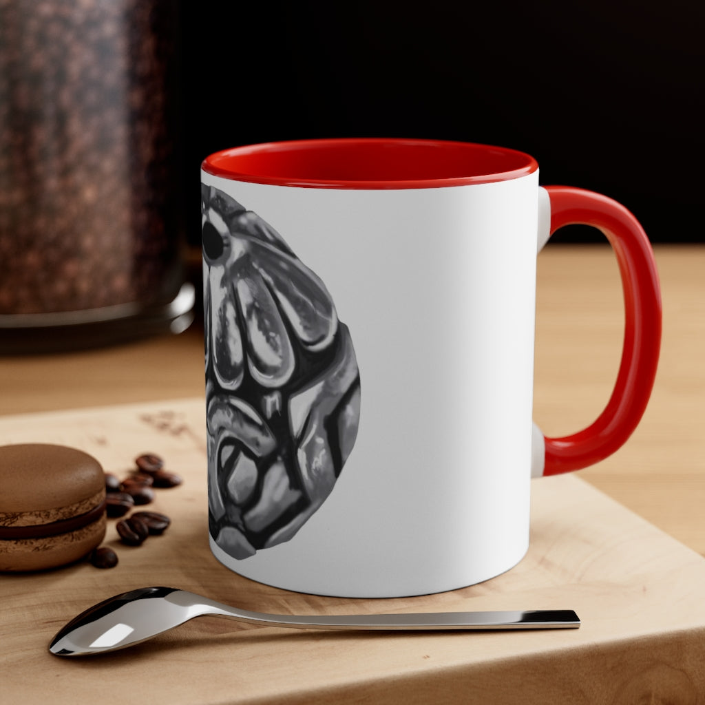 A stylish 11oz Metal Piece Accent Coffee Mug with a white exterior, colored interior, and C-handle, showcasing a vibrant two-tone design.