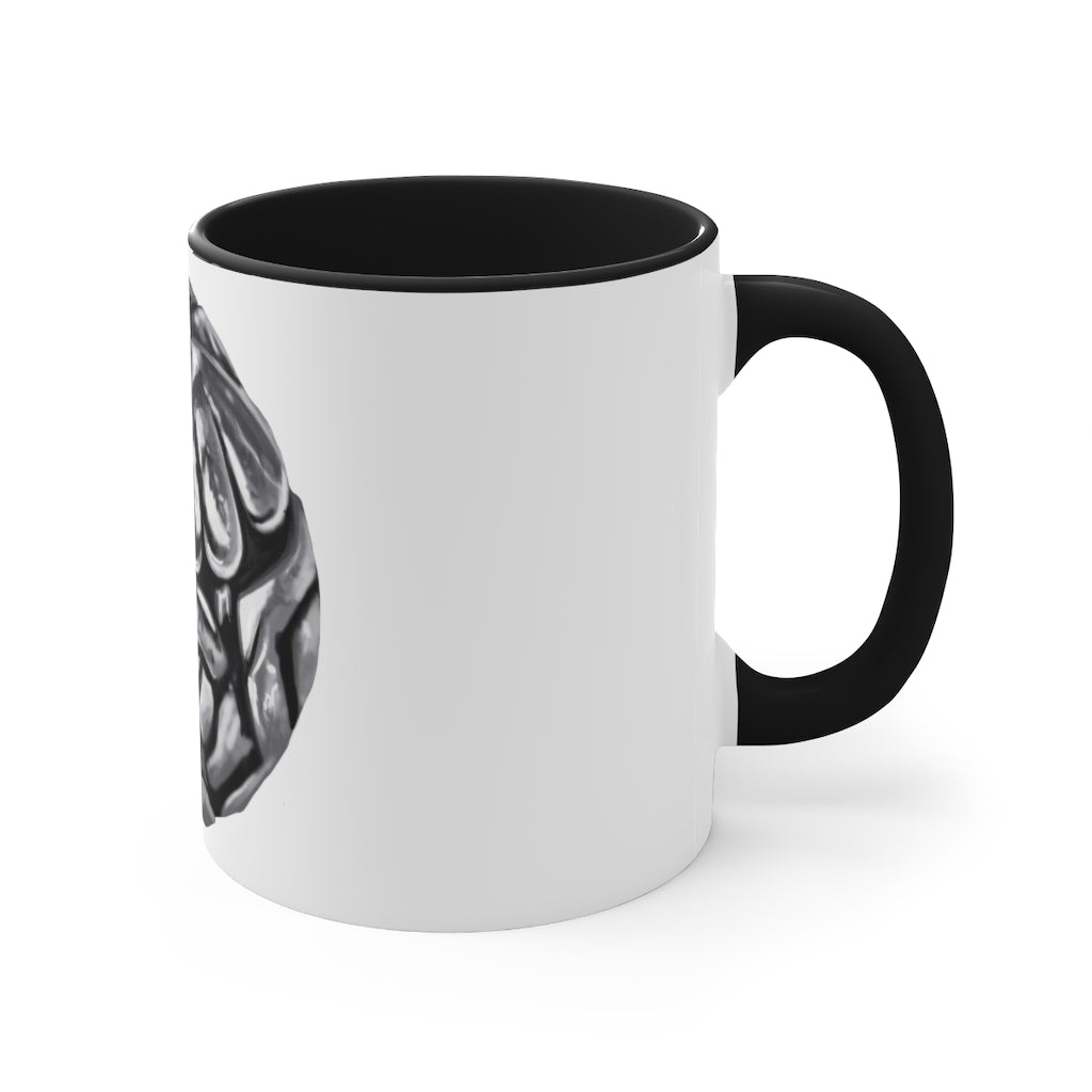 A stylish 11oz Metal Piece Accent Coffee Mug with a white exterior, colored interior, and C-handle, showcasing a vibrant two-tone design.