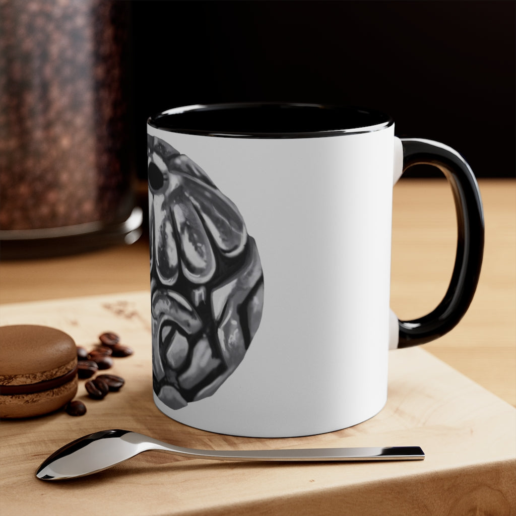 A stylish 11oz Metal Piece Accent Coffee Mug with a white exterior, colored interior, and C-handle, showcasing a vibrant two-tone design.