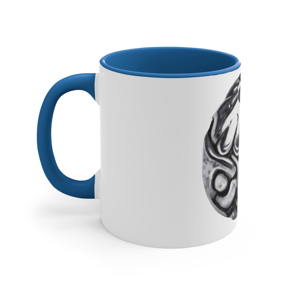 A stylish 11oz Metal Piece Accent Coffee Mug with a white exterior, colored interior, and C-handle, showcasing a vibrant two-tone design.