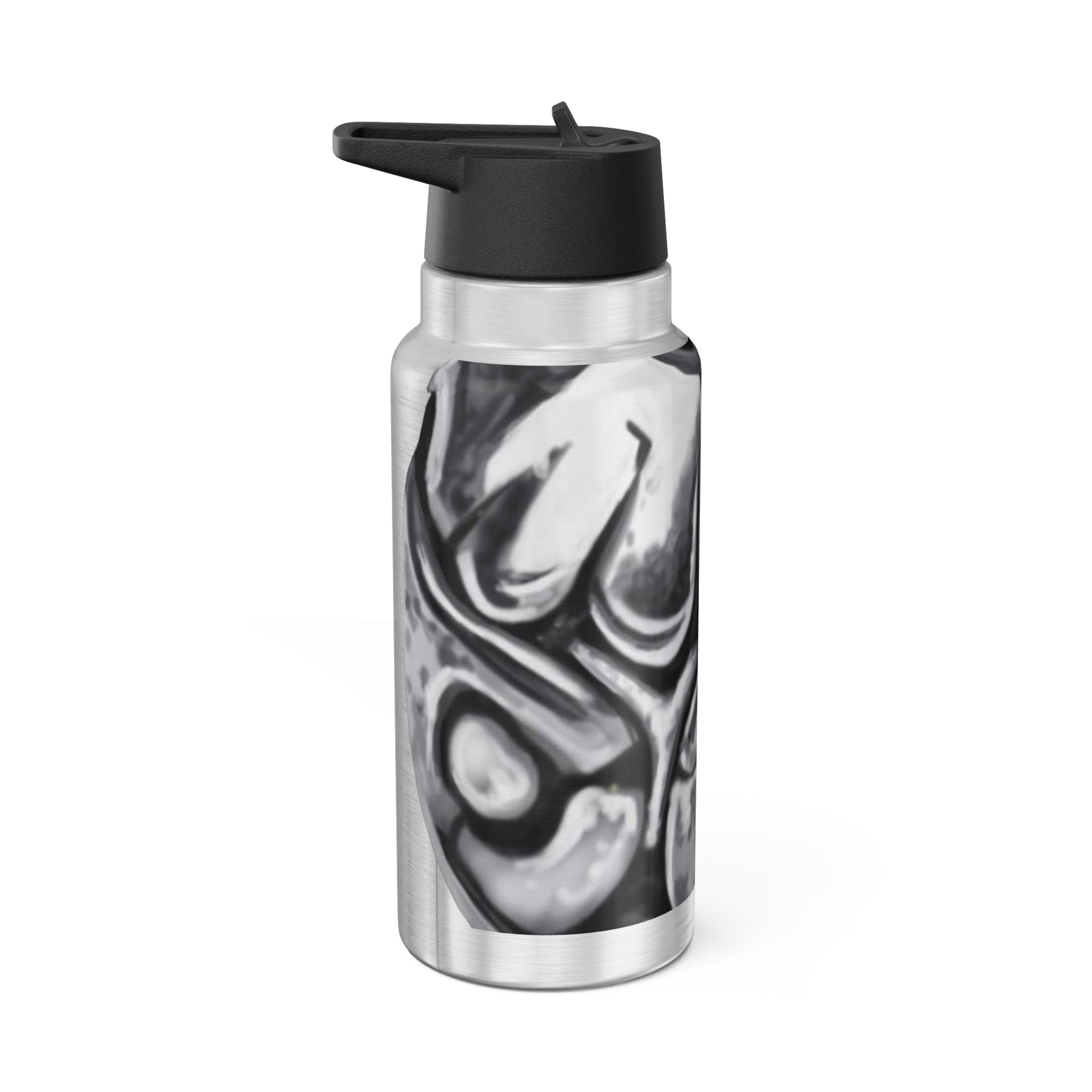 A 32oz Metal Piece Gator Tumbler made of stainless steel, featuring a black screw-on cap and a plastic straw, customizable with vibrant designs.