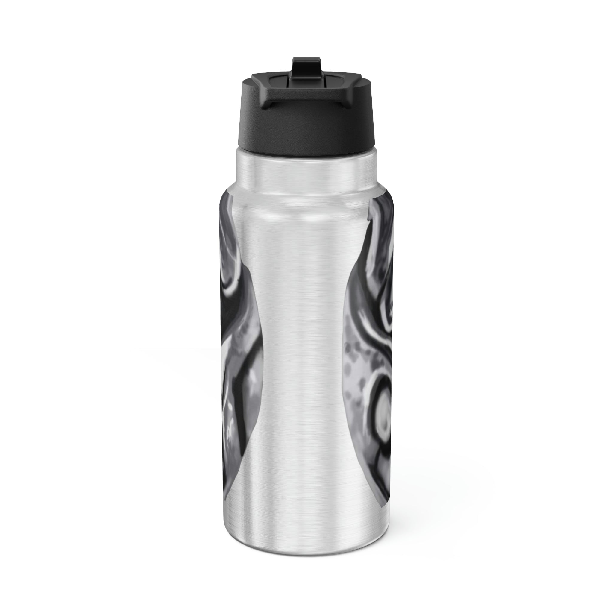 A 32oz Metal Piece Gator Tumbler made of stainless steel, featuring a black screw-on cap and a plastic straw, customizable with vibrant designs.