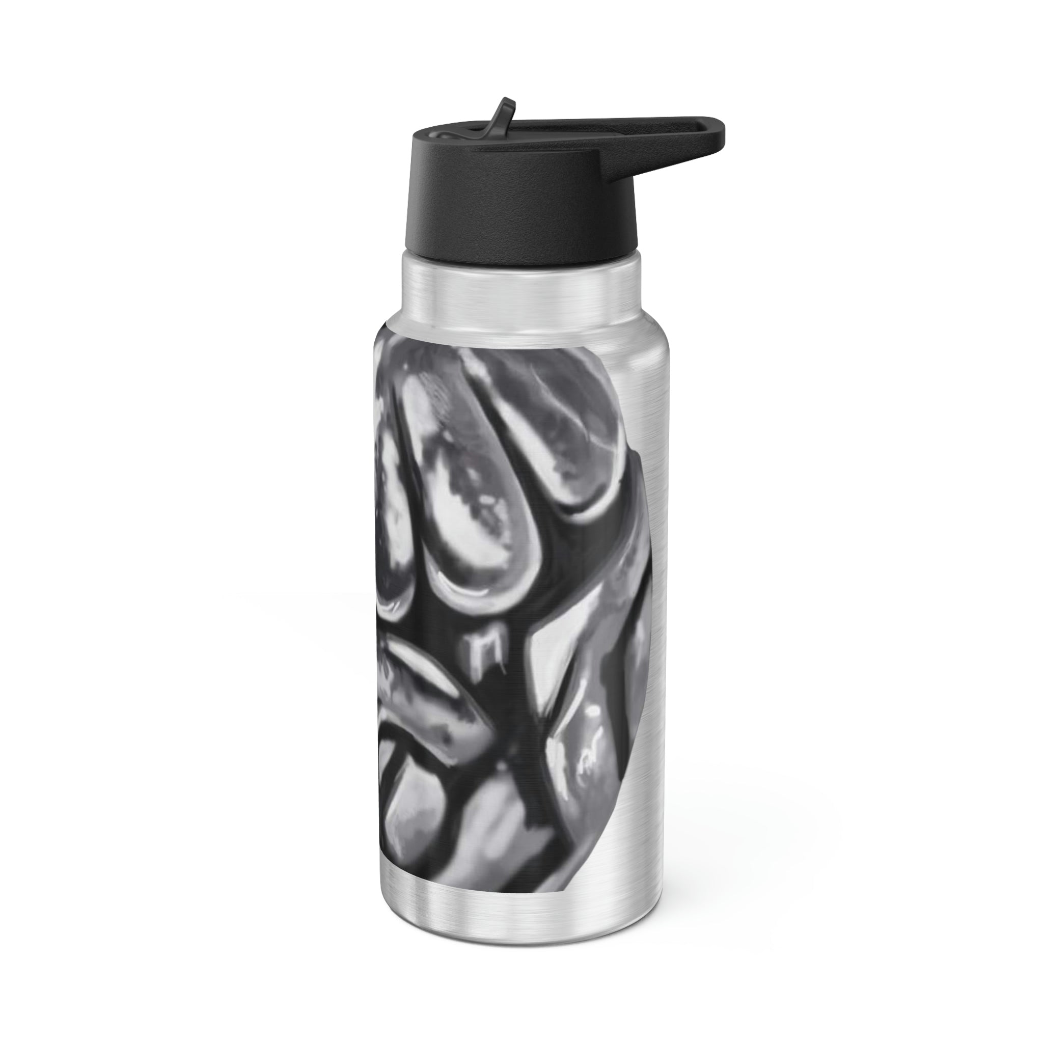 A 32oz Metal Piece Gator Tumbler made of stainless steel, featuring a black screw-on cap and a plastic straw, customizable with vibrant designs.