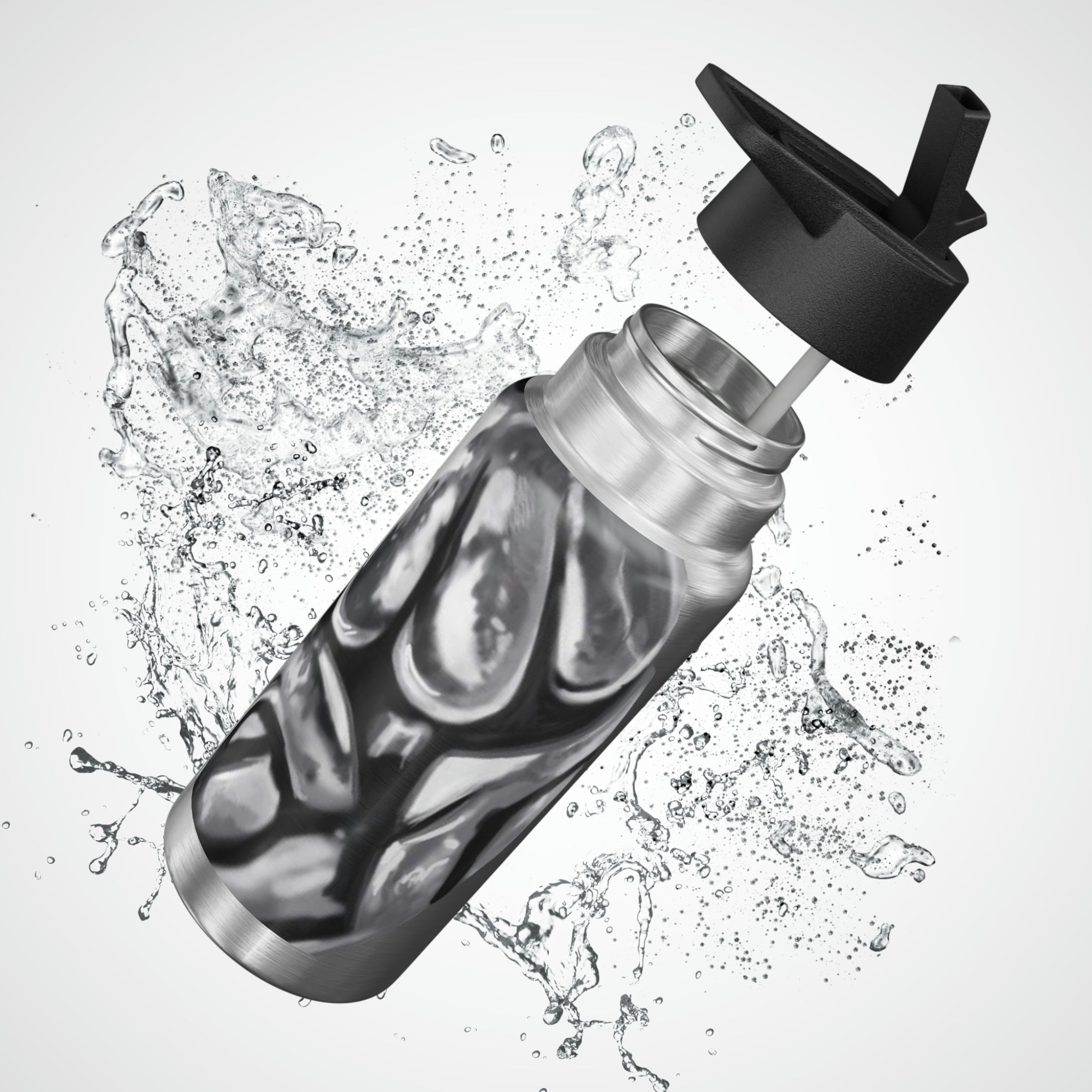 A 32oz Metal Piece Gator Tumbler made of stainless steel, featuring a black screw-on cap and a plastic straw, customizable with vibrant designs.