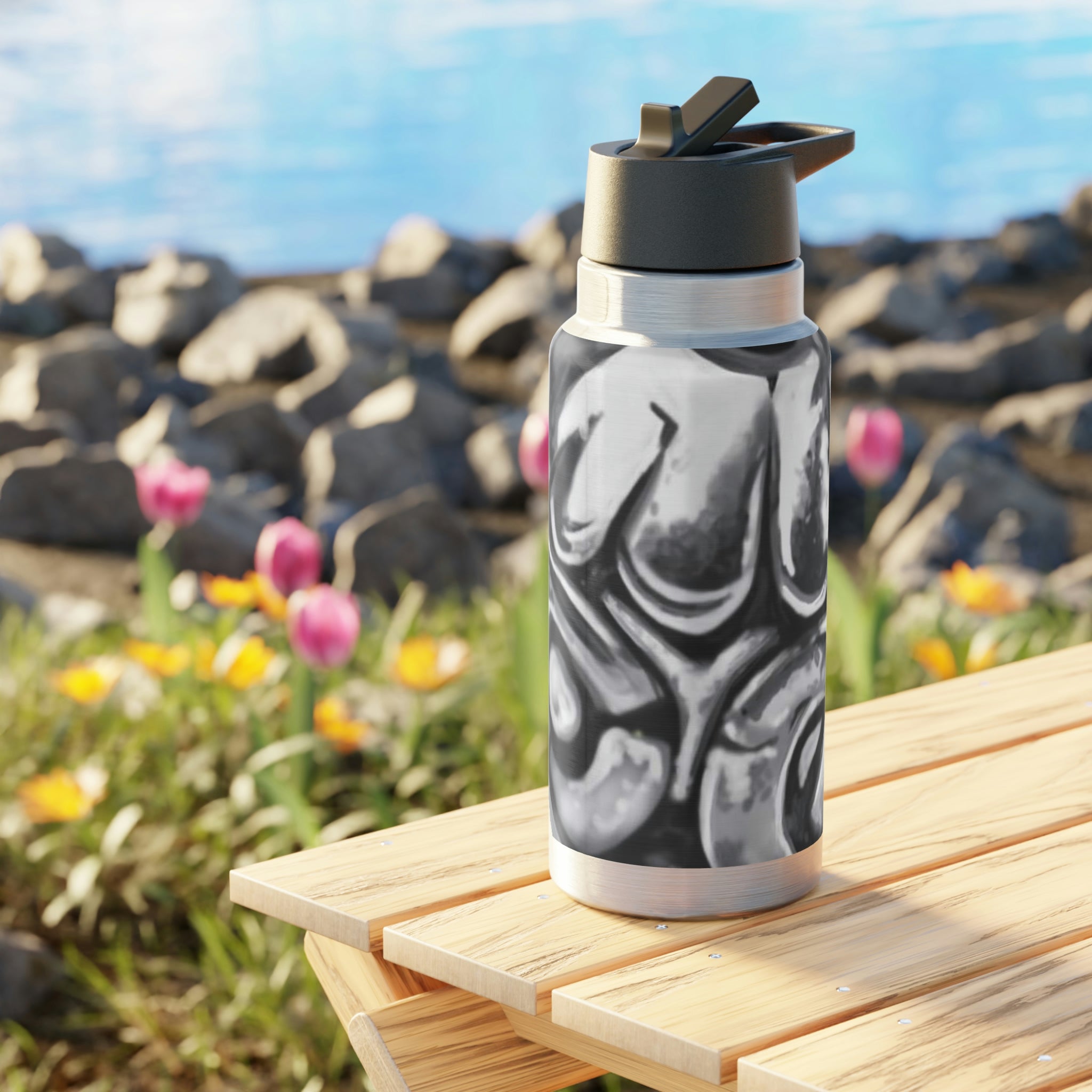 A 32oz Metal Piece Gator Tumbler made of stainless steel, featuring a black screw-on cap and a plastic straw, customizable with vibrant designs.