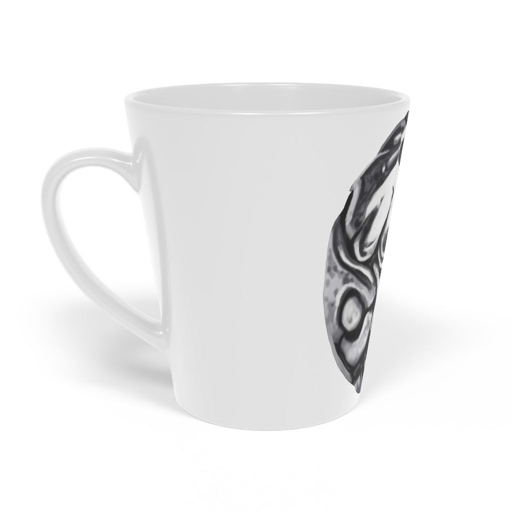 A stylish 12oz Metal Piece Latte Mug made of durable white ceramic with a scratch-resistant finish and an easy-grip C-shaped handle.