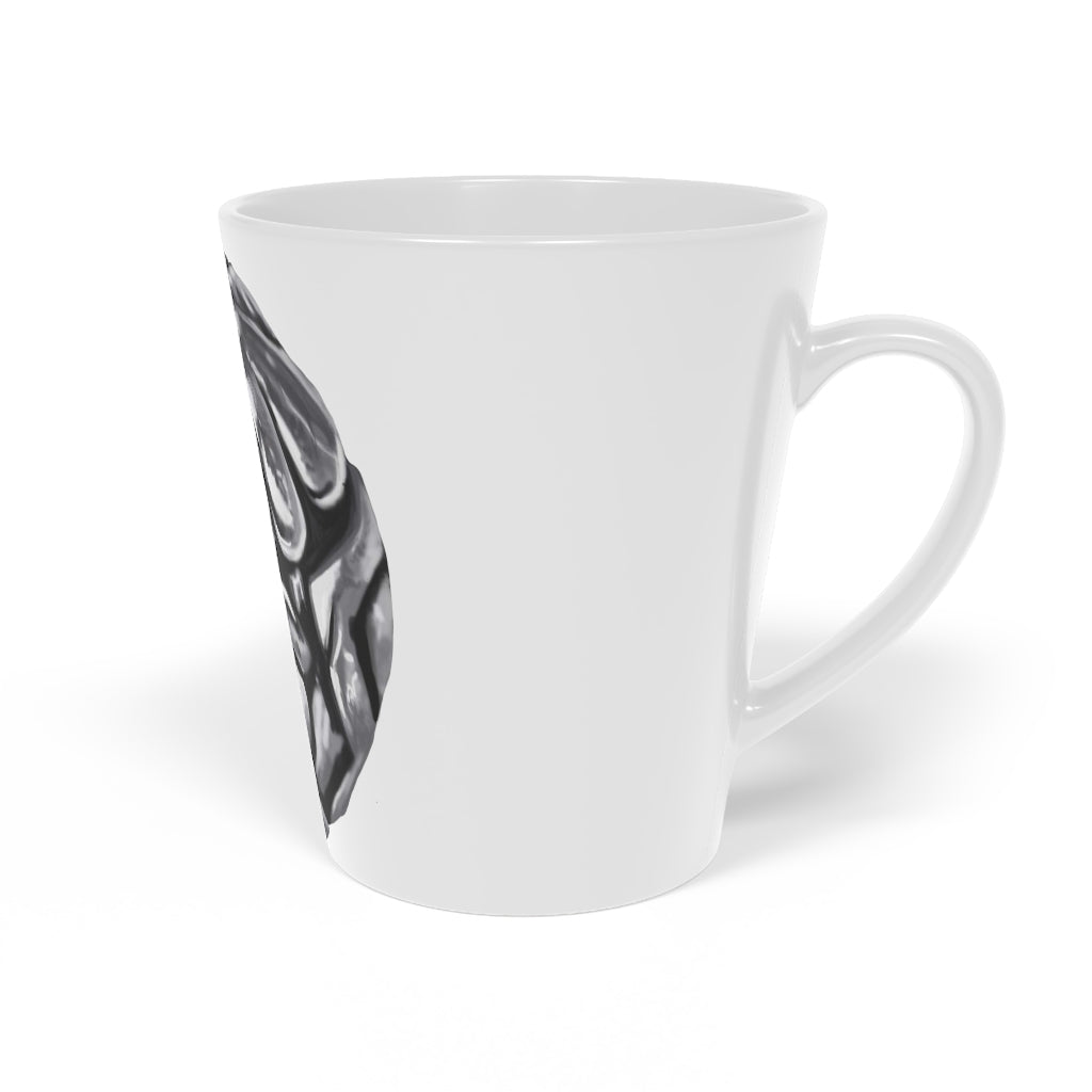 A stylish 12oz Metal Piece Latte Mug made of durable white ceramic with a scratch-resistant finish and an easy-grip C-shaped handle.