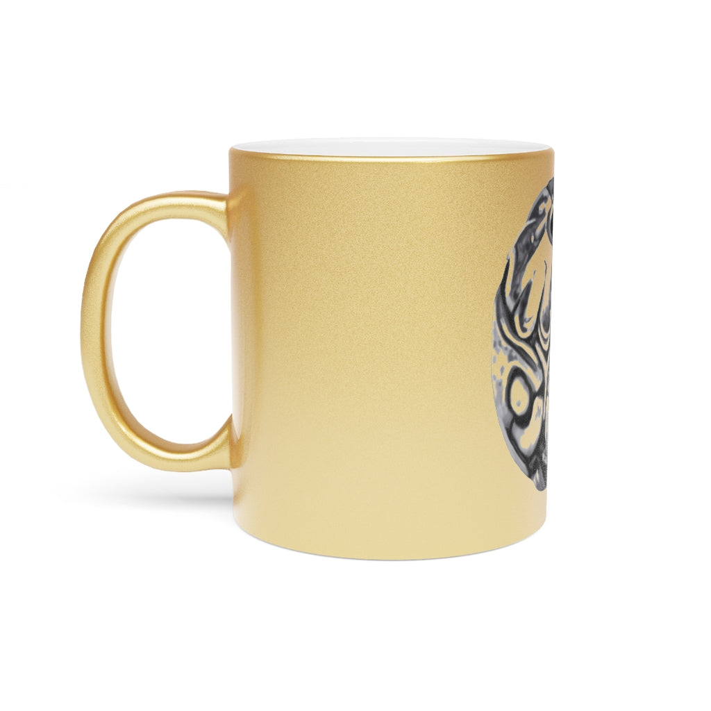 Metal Piece Metallic Mug in Gold and Silver finishes, showcasing personalized designs and a comfortable C-handle.