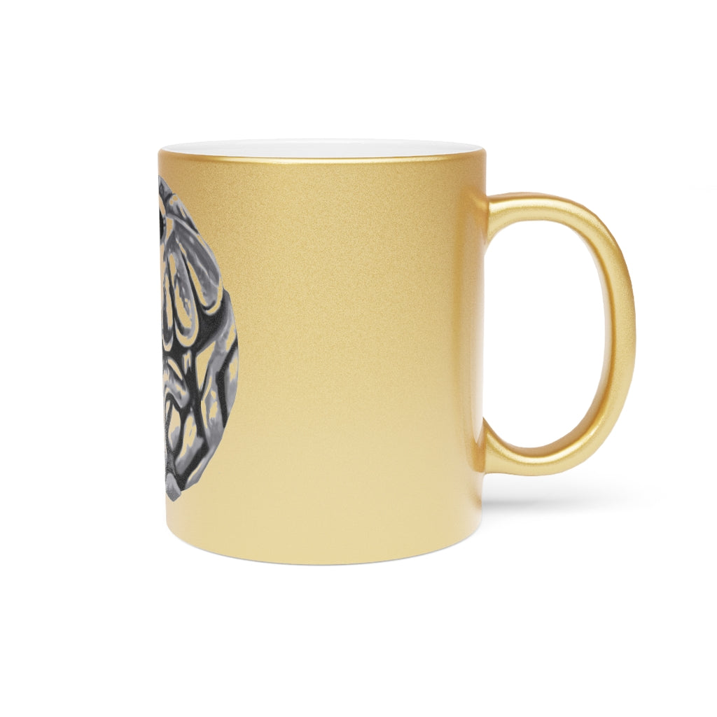 Metal Piece Metallic Mug in Gold and Silver finishes, showcasing personalized designs and a comfortable C-handle.