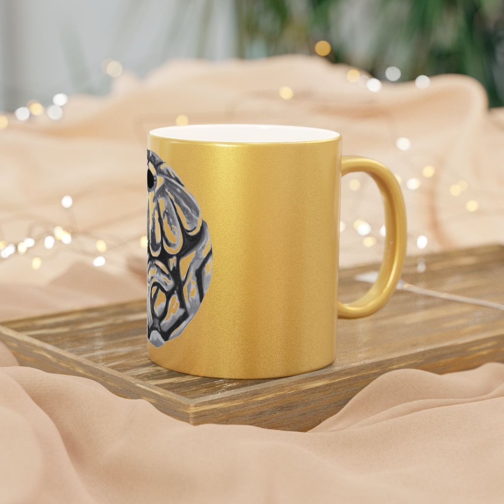 Metal Piece Metallic Mug in Gold and Silver finishes, showcasing personalized designs and a comfortable C-handle.