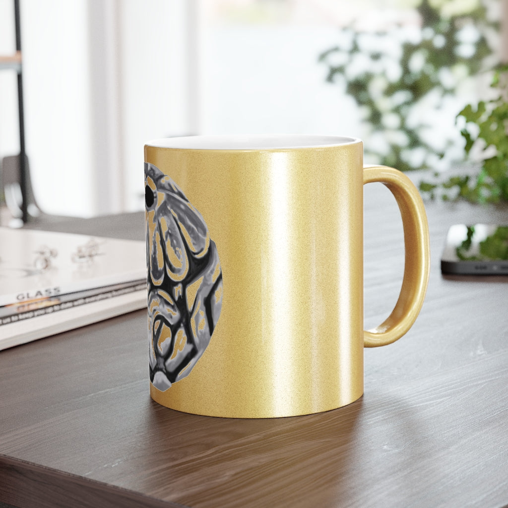 Metal Piece Metallic Mug in Gold and Silver finishes, showcasing personalized designs and a comfortable C-handle.