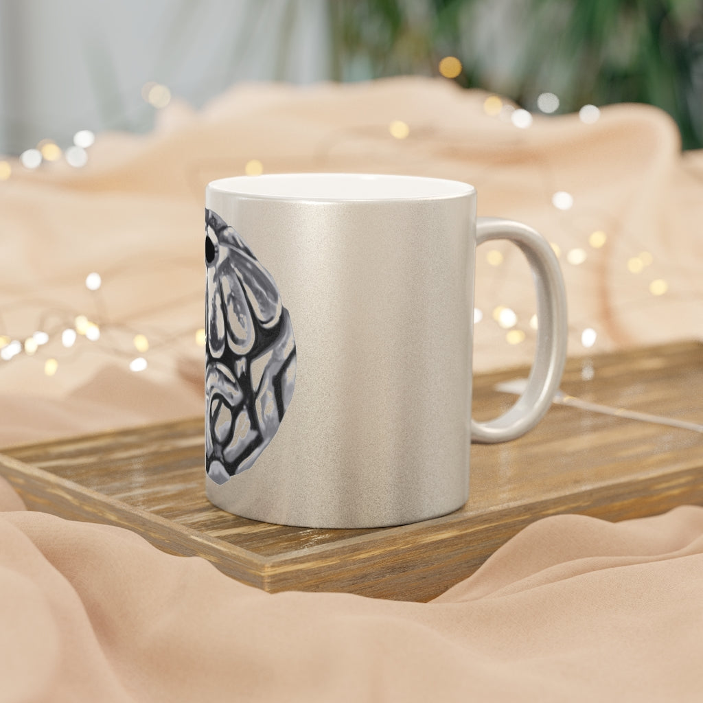 Metal Piece Metallic Mug in Gold and Silver finishes, showcasing personalized designs and a comfortable C-handle.