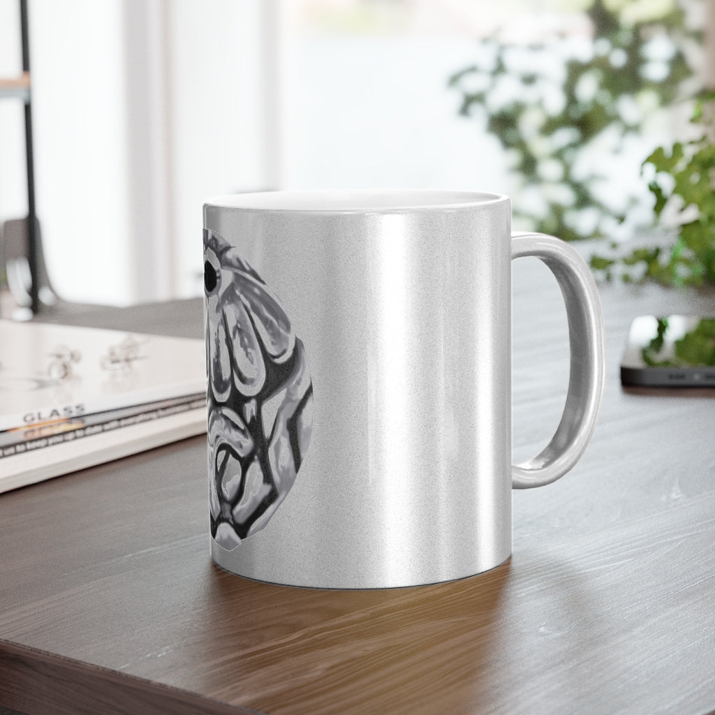 Metal Piece Metallic Mug in Gold and Silver finishes, showcasing personalized designs and a comfortable C-handle.