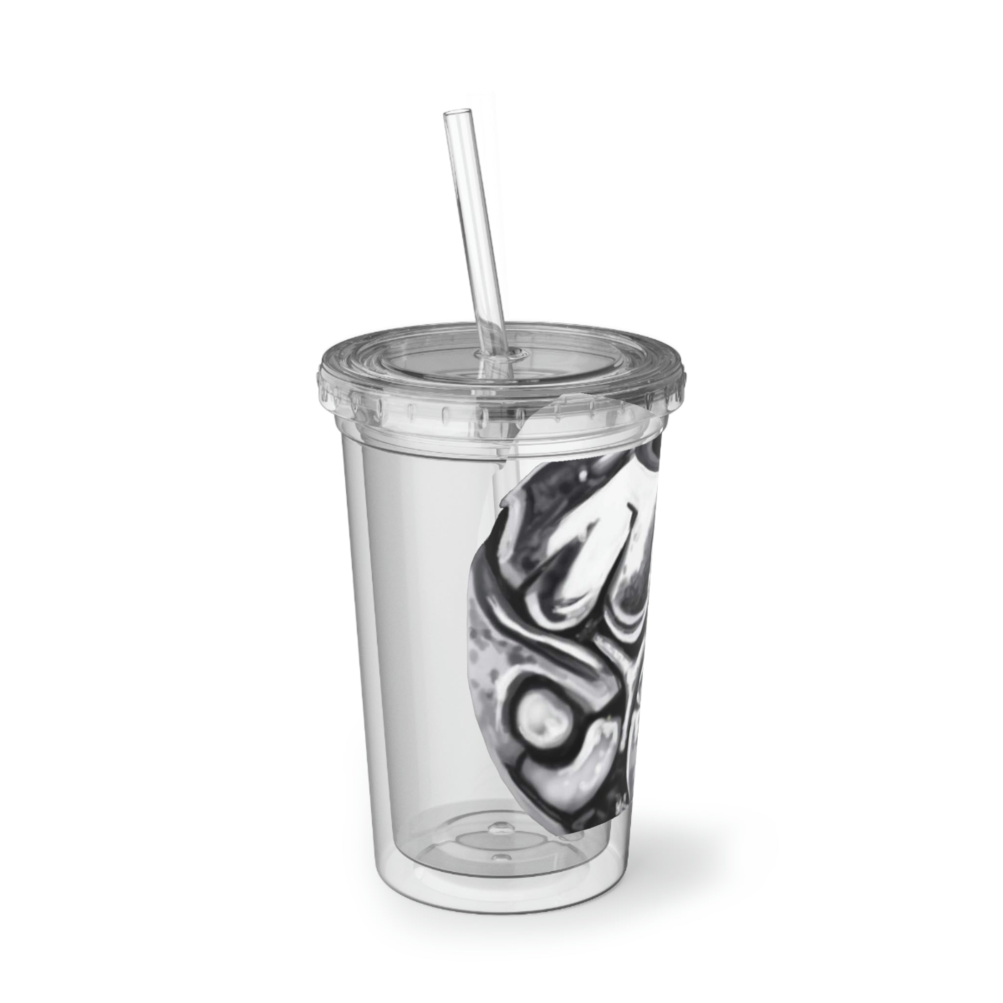 Metal Piece Suave Acrylic Cup with double-wall insulation, featuring a vibrant custom design and a plastic lid with a straw.