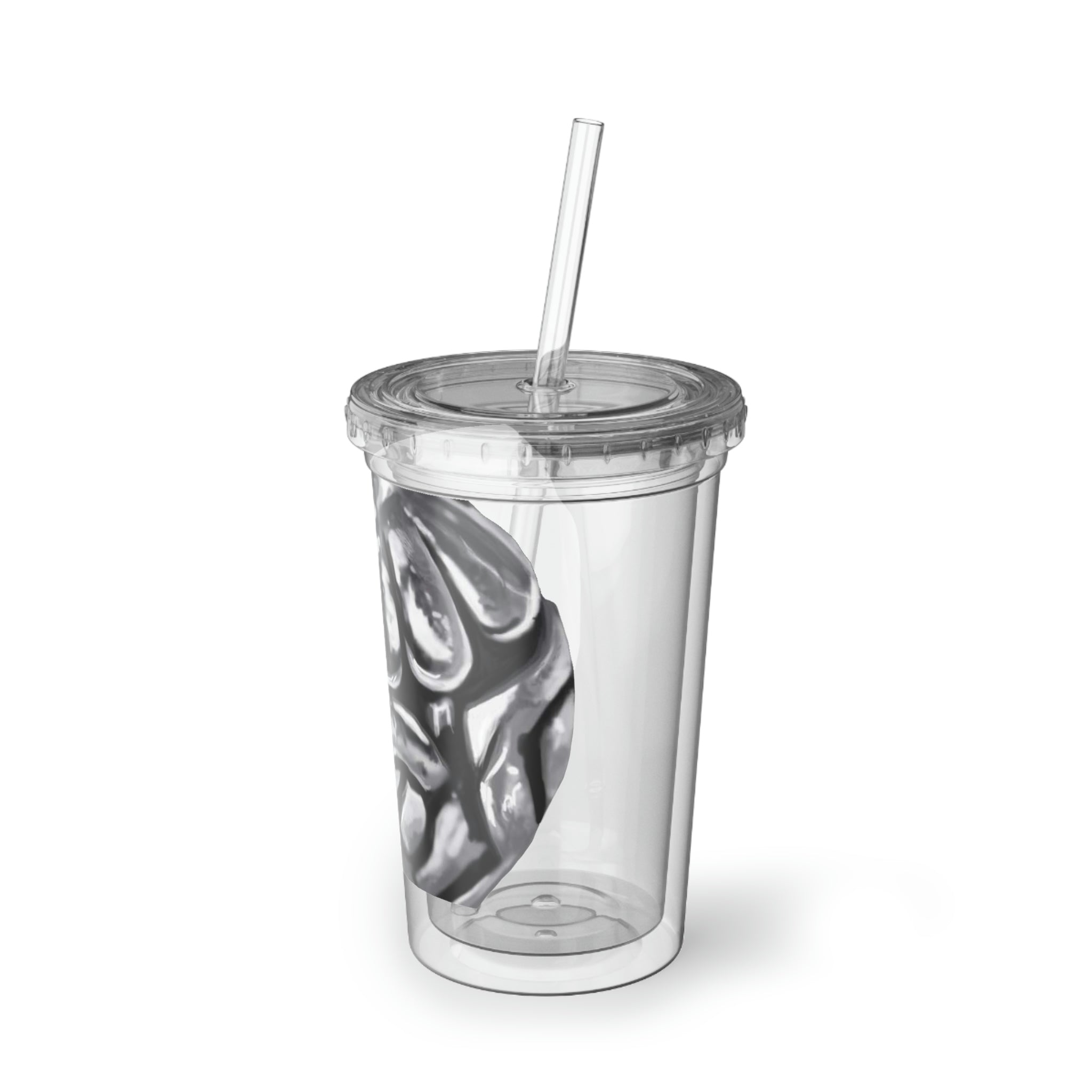 Metal Piece Suave Acrylic Cup with double-wall insulation, featuring a vibrant custom design and a plastic lid with a straw.