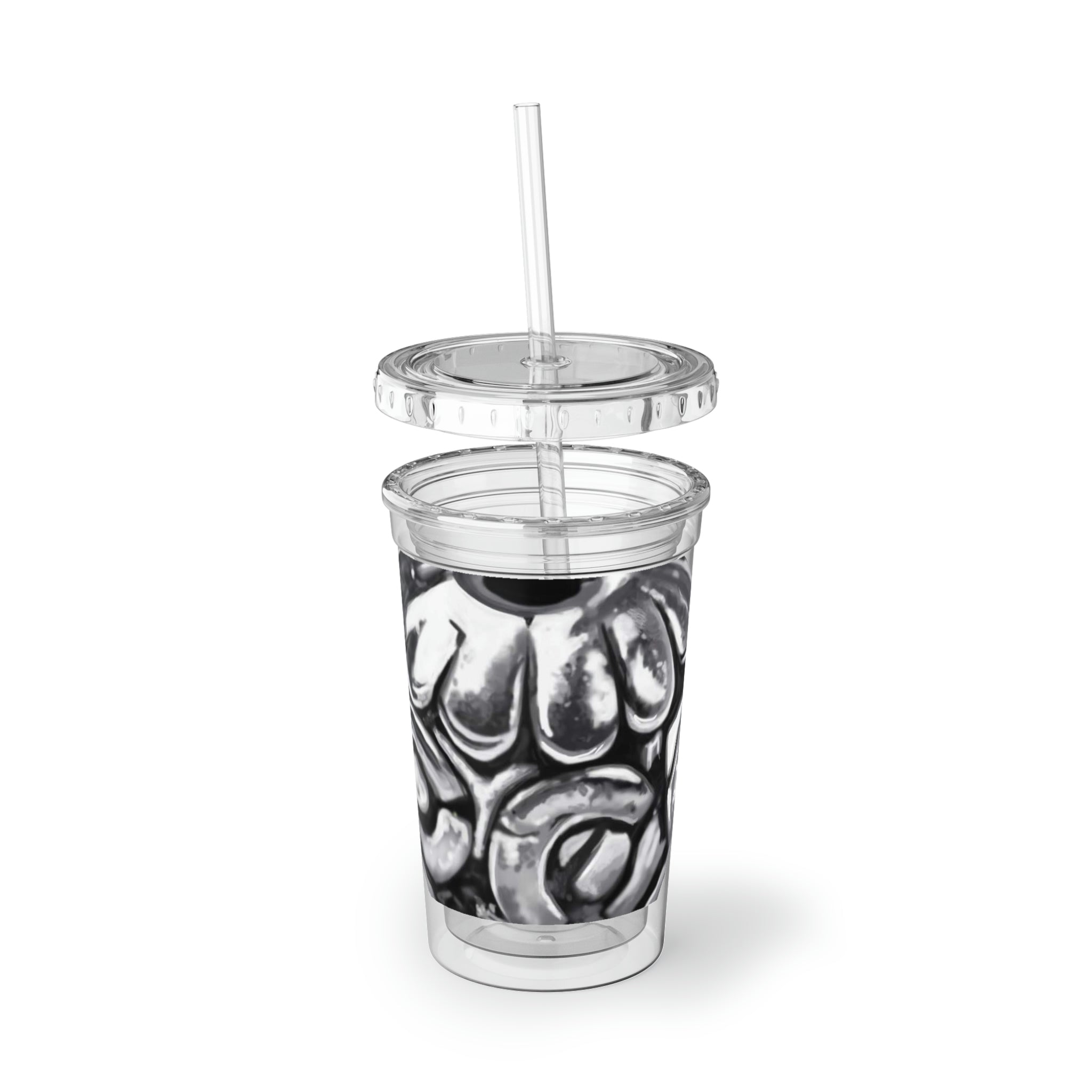 Metal Piece Suave Acrylic Cup with double-wall insulation, featuring a vibrant custom design and a plastic lid with a straw.