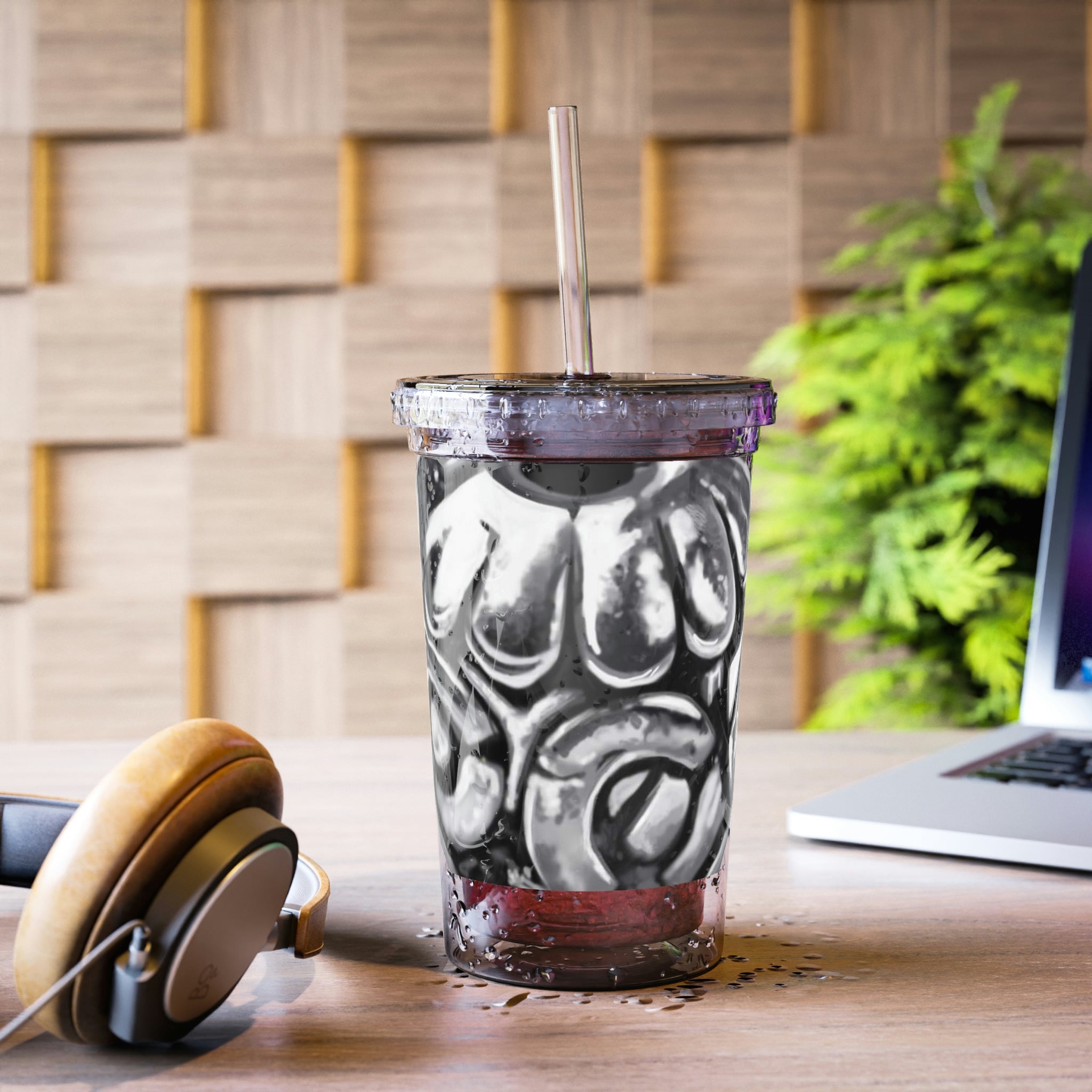 Metal Piece Suave Acrylic Cup with double-wall insulation, featuring a vibrant custom design and a plastic lid with a straw.