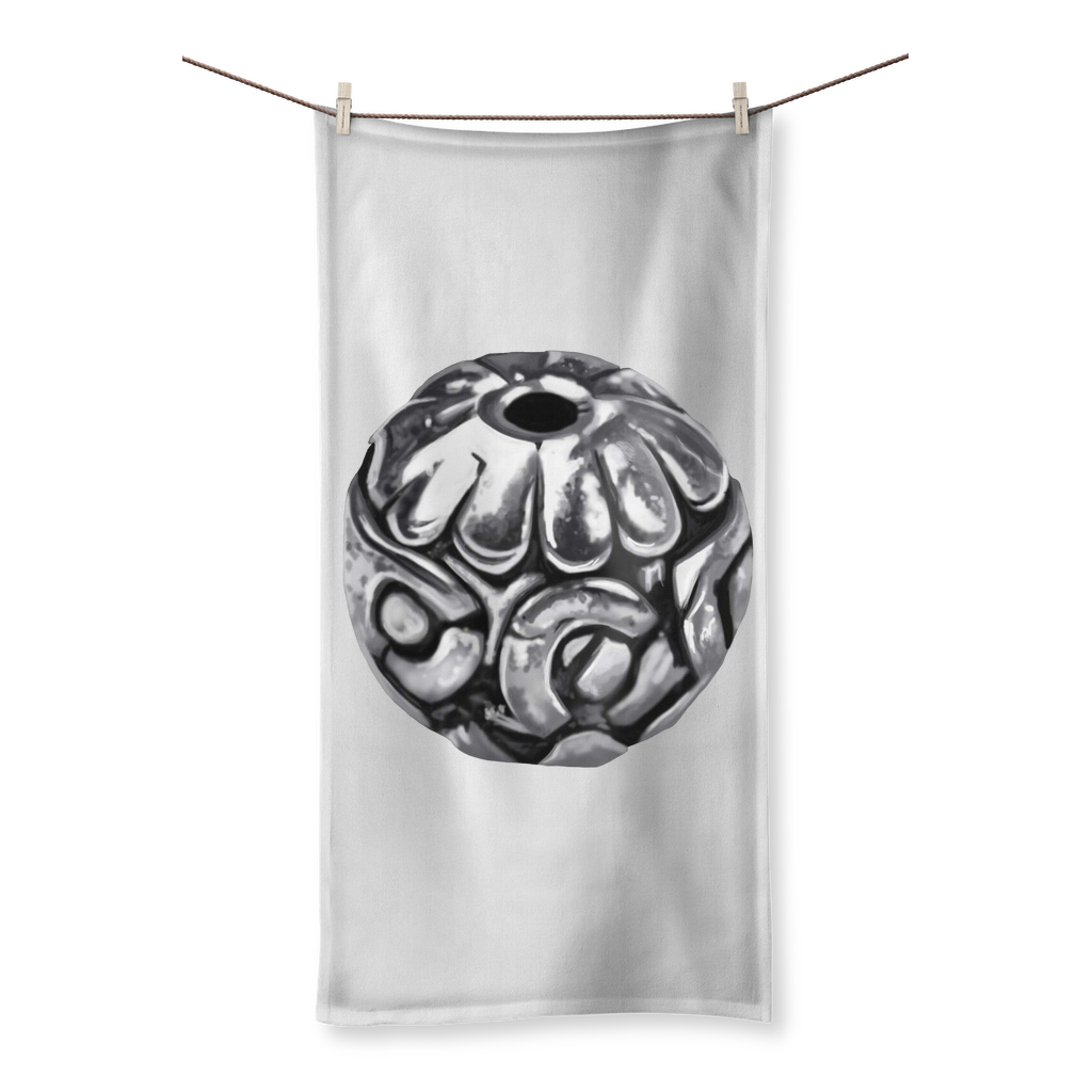 Metal Piece Sublimation All Over Towel showcasing vibrant designs on one side and soft cotton backing on the other, available in various sizes.