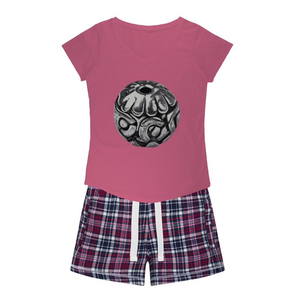 Metal Piece Women's Sleepy Tee and Flannel Short set featuring a relaxed fit T-shirt and colorful flannel shorts, perfect for cozy nights.