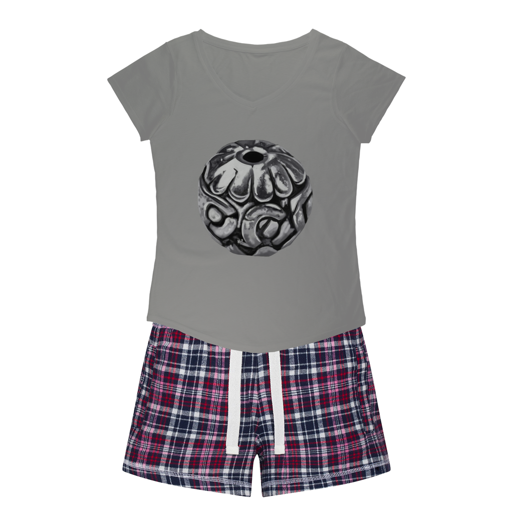 Metal Piece Women's Sleepy Tee and Flannel Short set featuring a relaxed fit T-shirt and colorful flannel shorts, perfect for cozy nights.