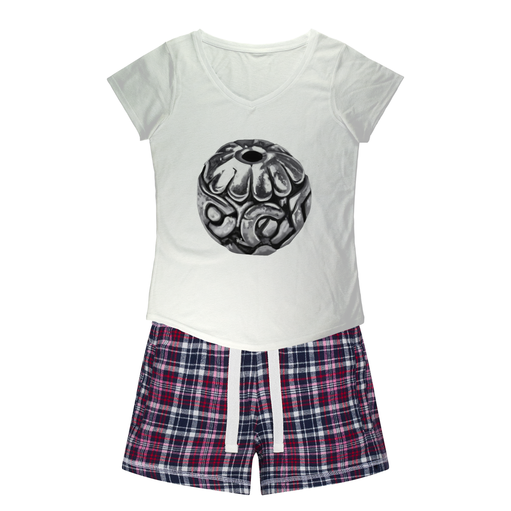 Metal Piece Women's Sleepy Tee and Flannel Short set featuring a relaxed fit T-shirt and colorful flannel shorts, perfect for cozy nights.