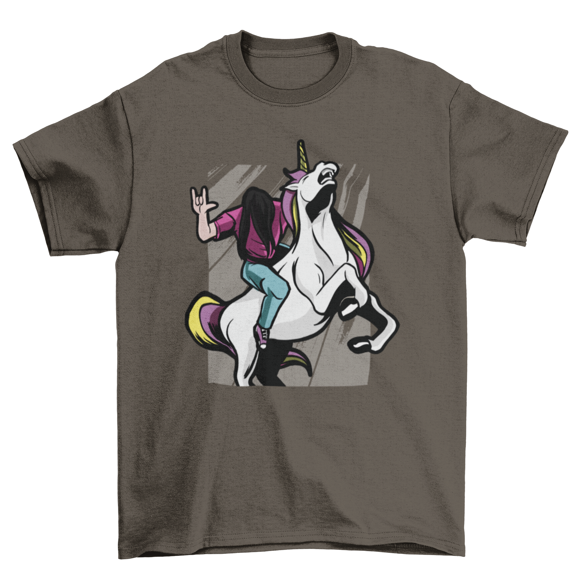 A stylish T-shirt featuring a metalhead riding a colorful unicorn, showcasing a unique and whimsical design.