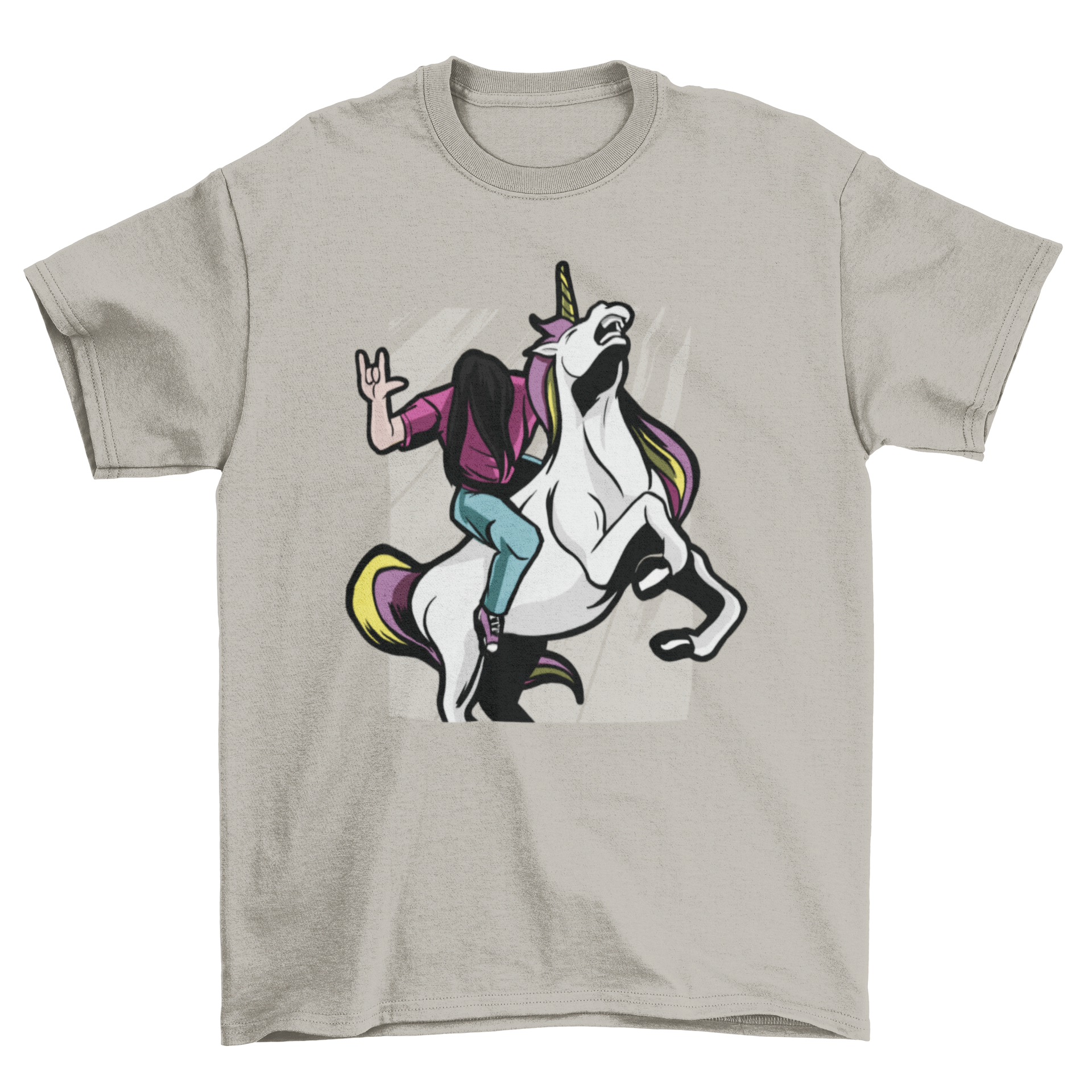 A stylish T-shirt featuring a metalhead riding a colorful unicorn, showcasing a unique and whimsical design.