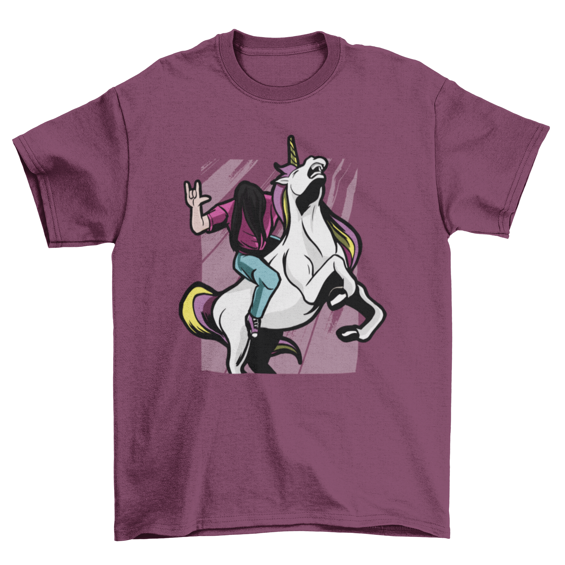 A stylish T-shirt featuring a metalhead riding a colorful unicorn, showcasing a unique and whimsical design.