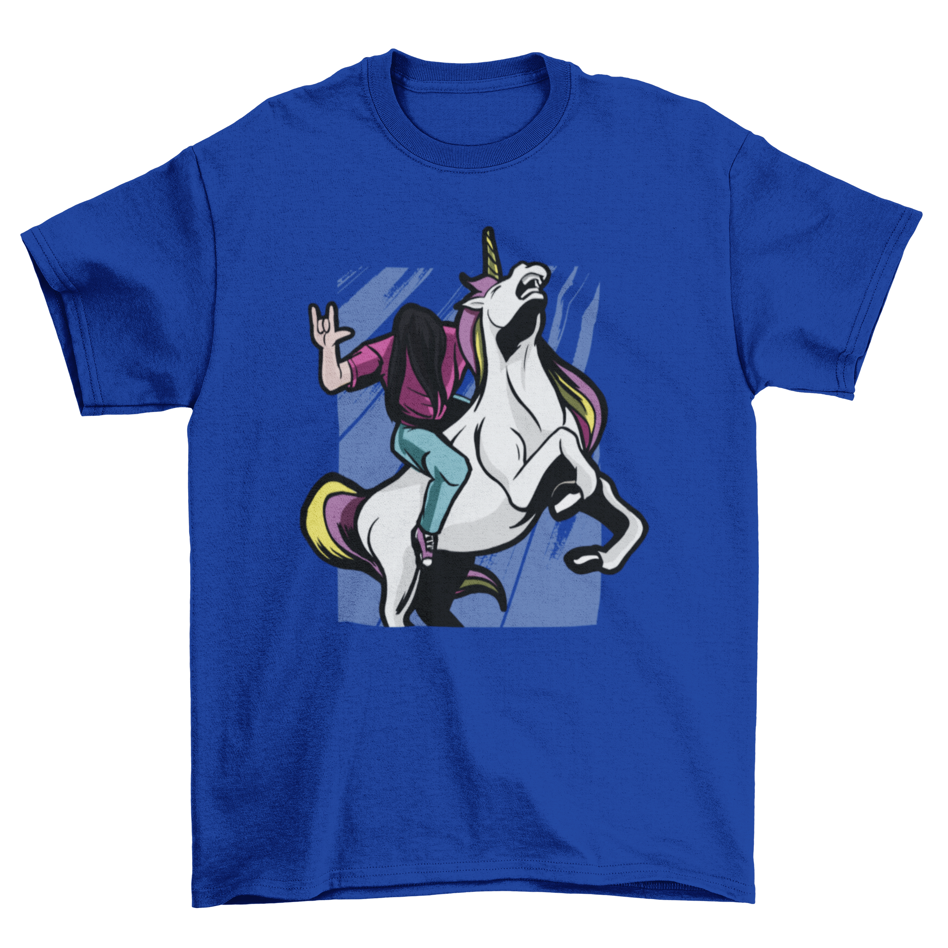 A stylish T-shirt featuring a metalhead riding a colorful unicorn, showcasing a unique and whimsical design.