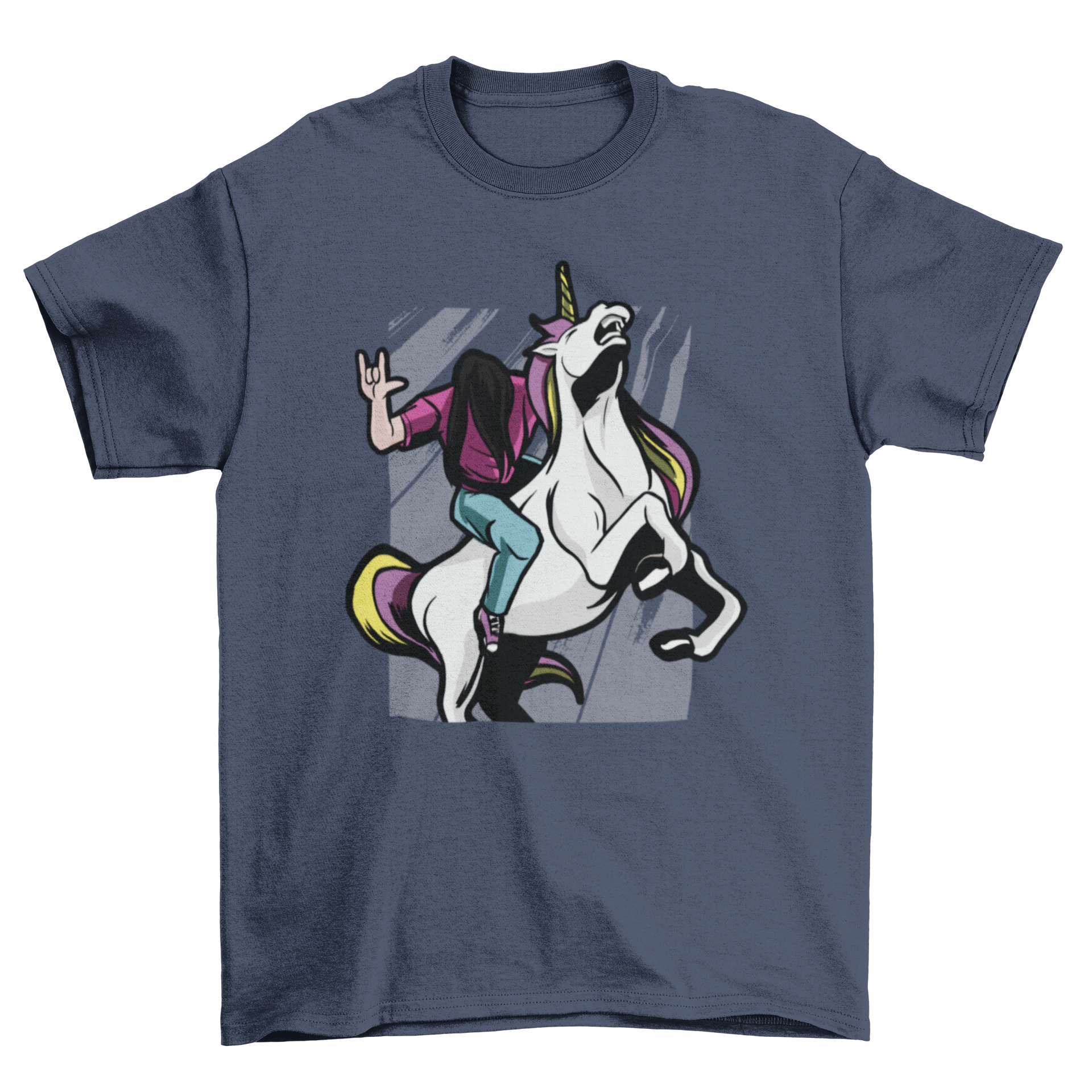 A stylish T-shirt featuring a metalhead riding a colorful unicorn, showcasing a unique and whimsical design.