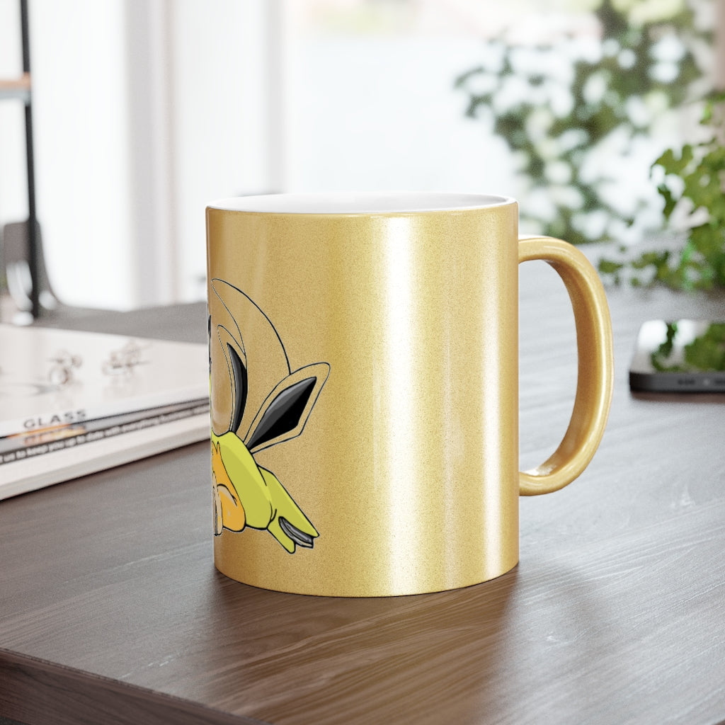 A stylish metallic mug available in silver and gold, showcasing a shiny finish and customizable design options.