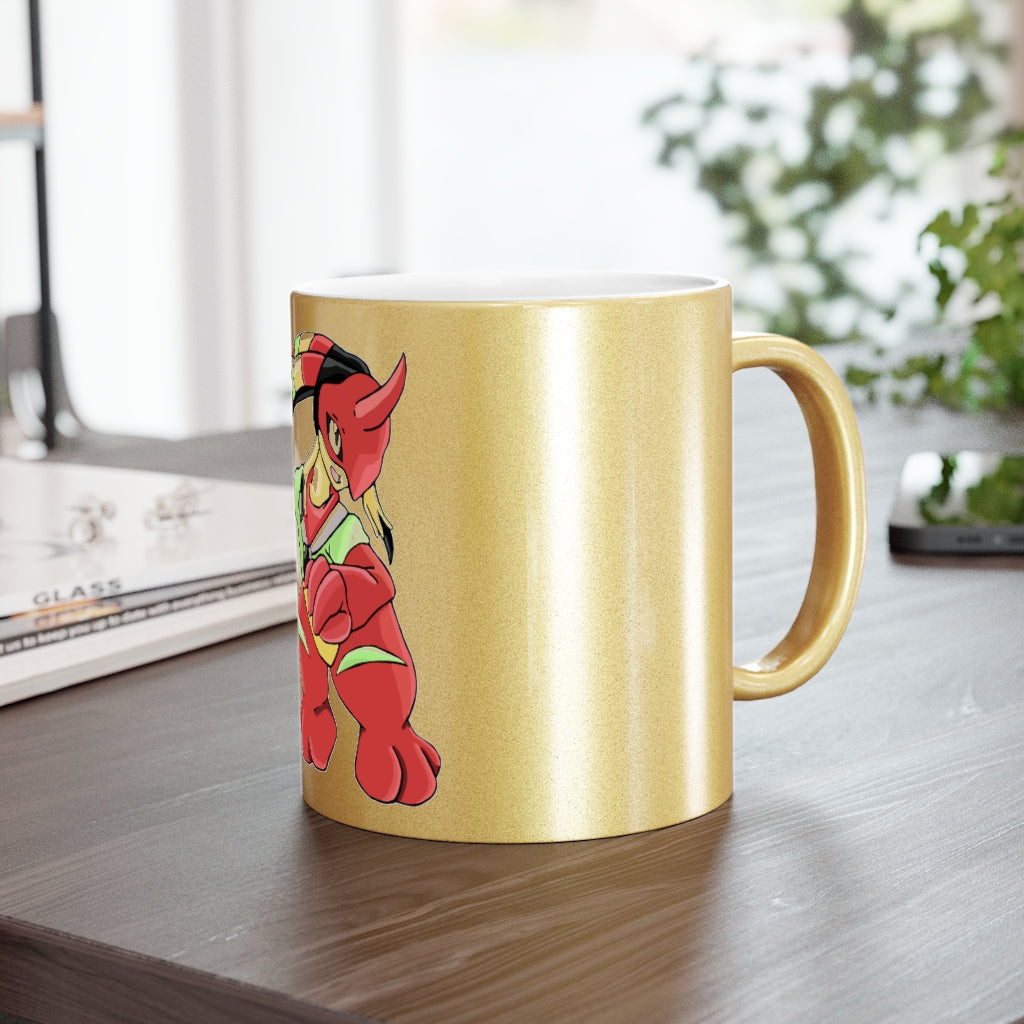 A stylish metallic mug in gold and silver, showcasing a customizable design with a C-handle, perfect for coffee or tea.