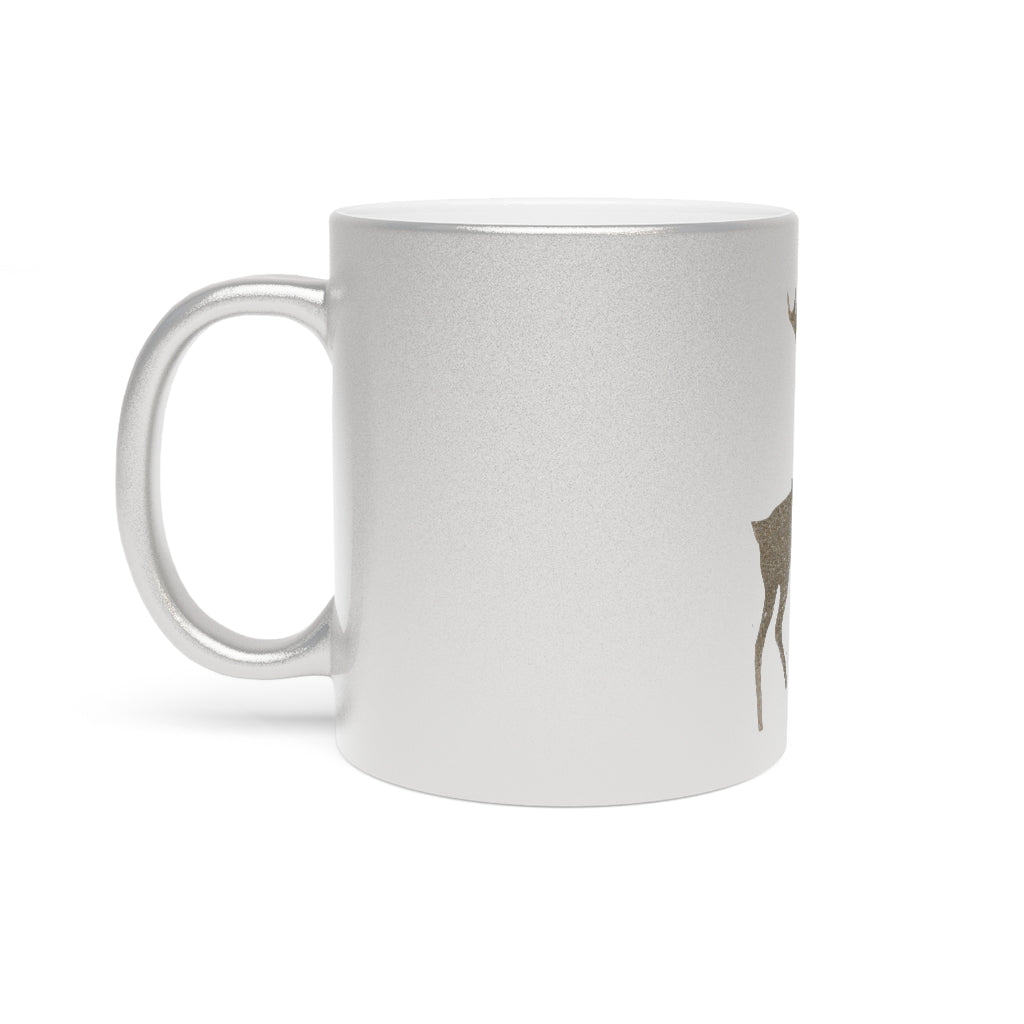 A stylish metallic mug available in silver and gold, showcasing a custom design on one side with a comfortable C-handle.