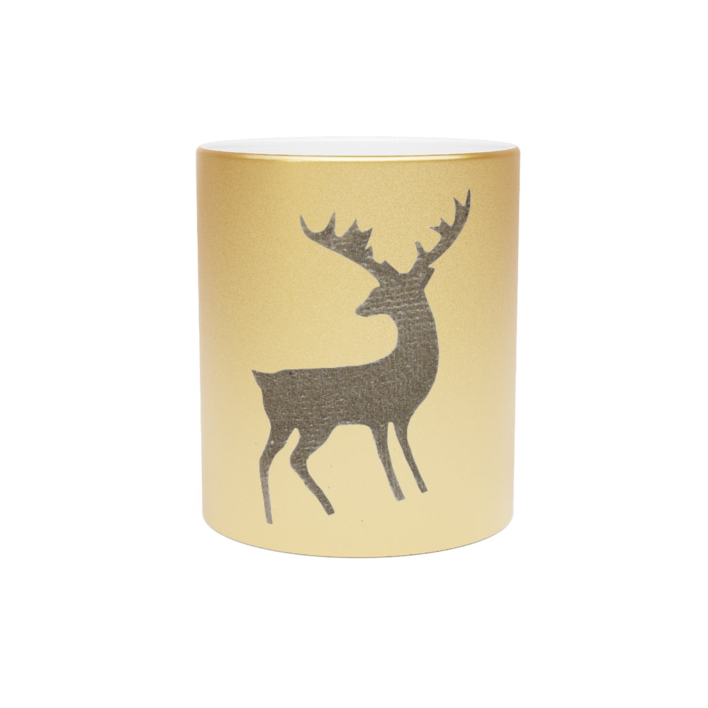 A stylish metallic mug available in silver and gold, showcasing a custom design on one side with a comfortable C-handle.