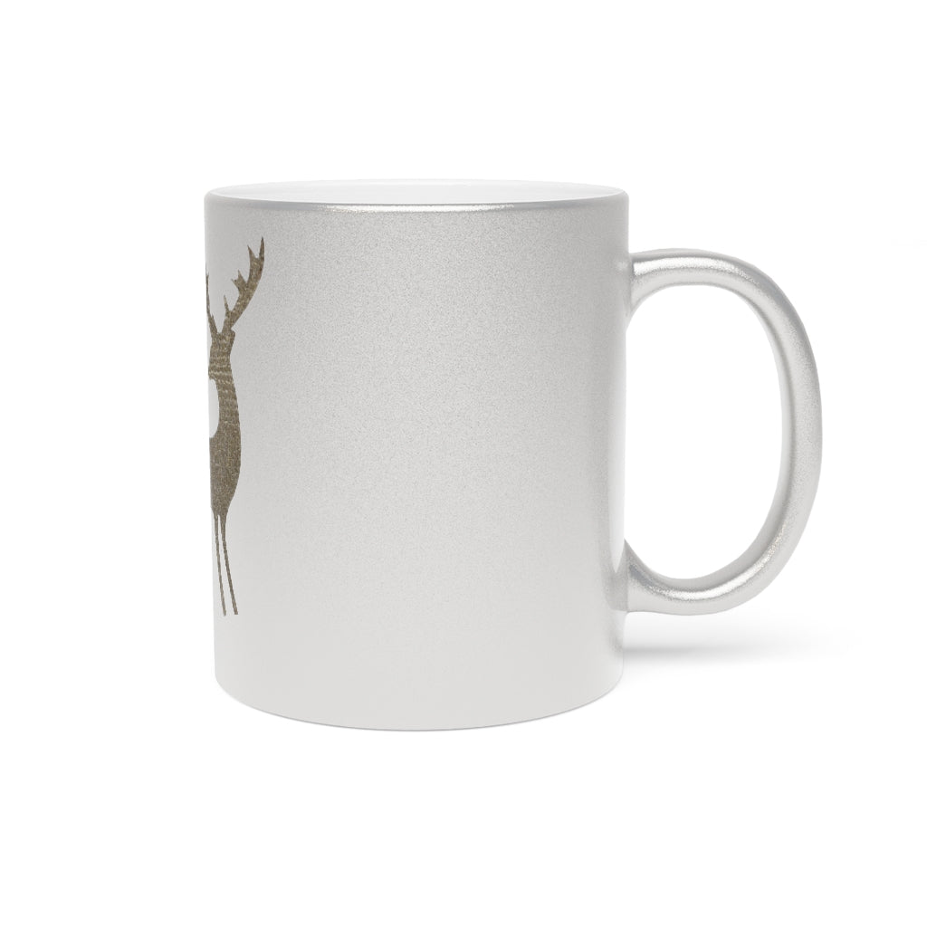 A stylish metallic mug available in silver and gold, showcasing a custom design on one side with a comfortable C-handle.