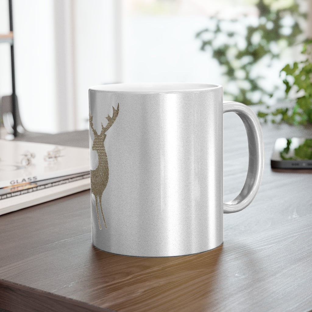 A stylish metallic mug available in silver and gold, showcasing a custom design on one side with a comfortable C-handle.